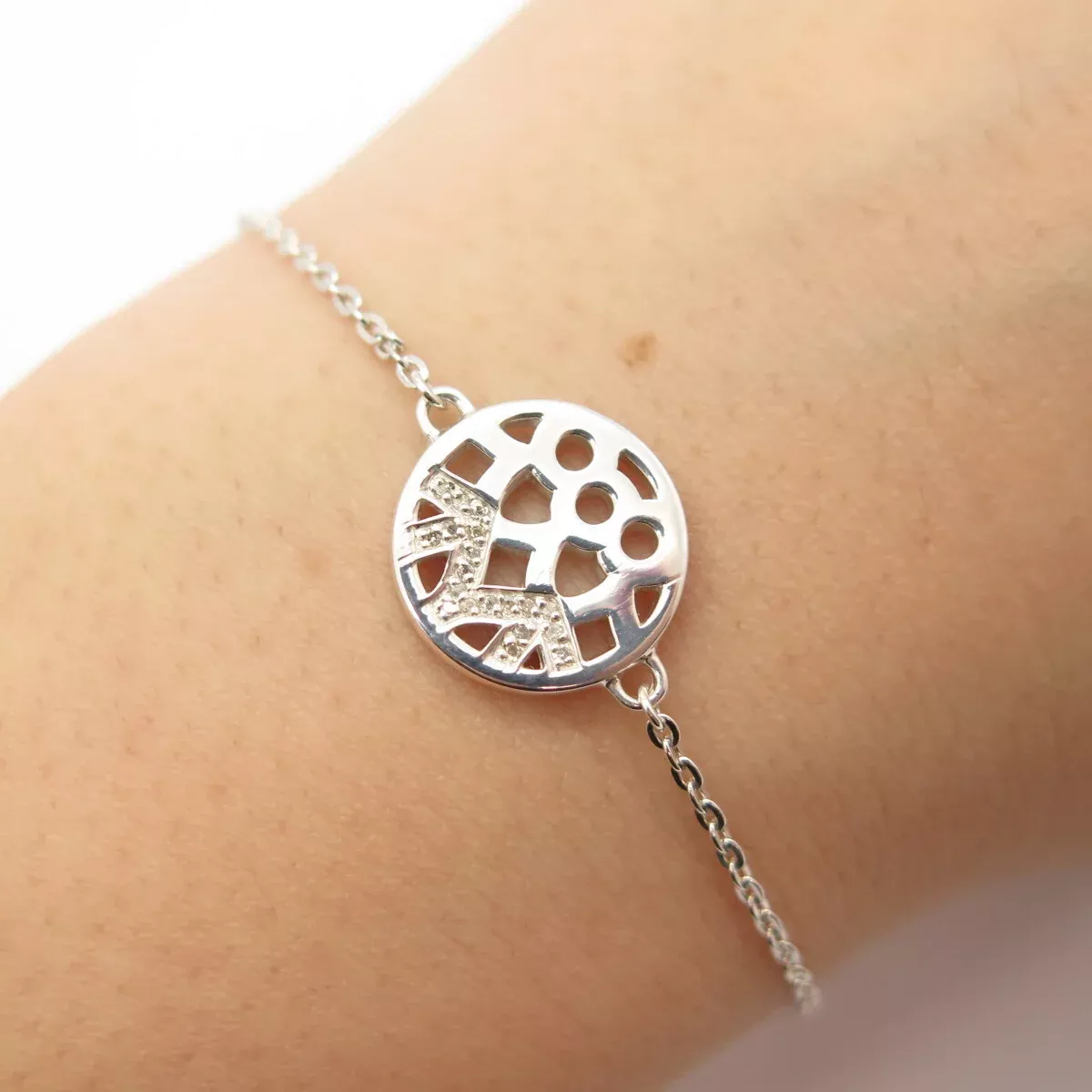 925 Sterling Silver Real White Diamond Round Charm Rolo Link Bracelet 7.25