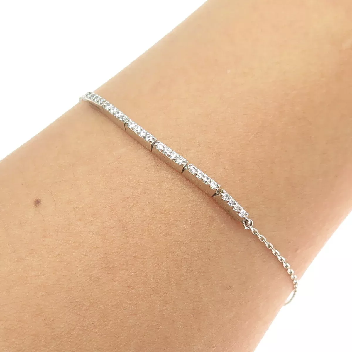 925 Sterling Silver Round-Cut C Z Bar Cable Link Bracelet 7.25