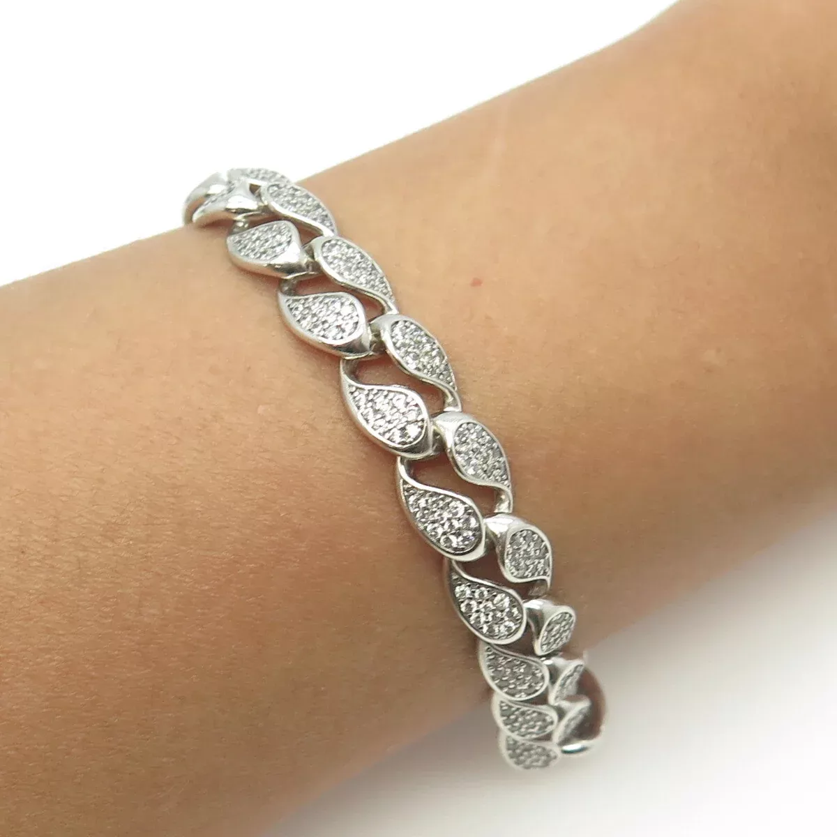 925 Sterling Silver Round-Cut White C Z Cuban Link Bracelet 8