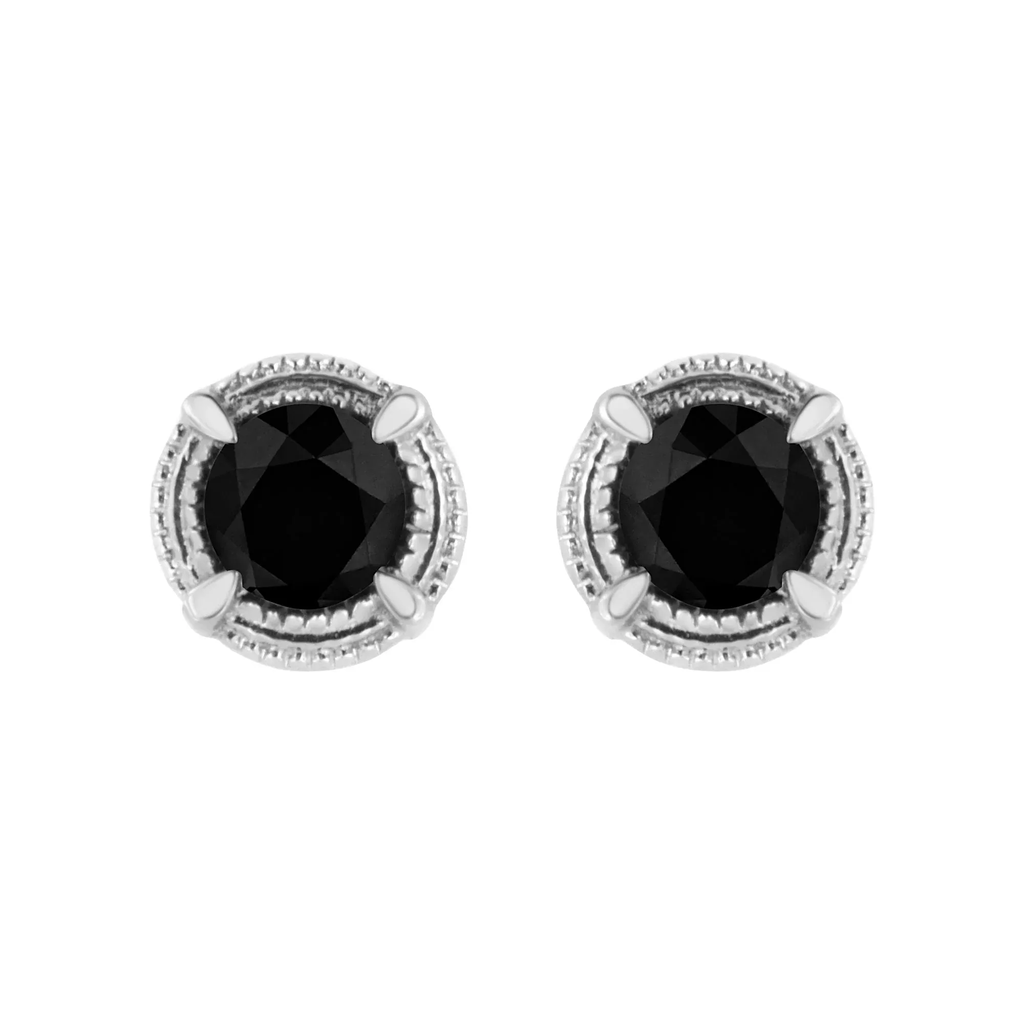 .925 Sterling Silver Treated Colored Diamond Modern 4-Prong Solitaire Milgrain Stud Earrings