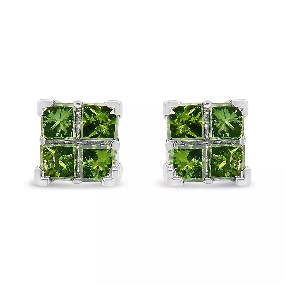 .925 Sterling Silver Treated Green Princess-cut Diamond 4 Stone Composite Quad Stud Earring (Green Color, I1-I2 Clarity)