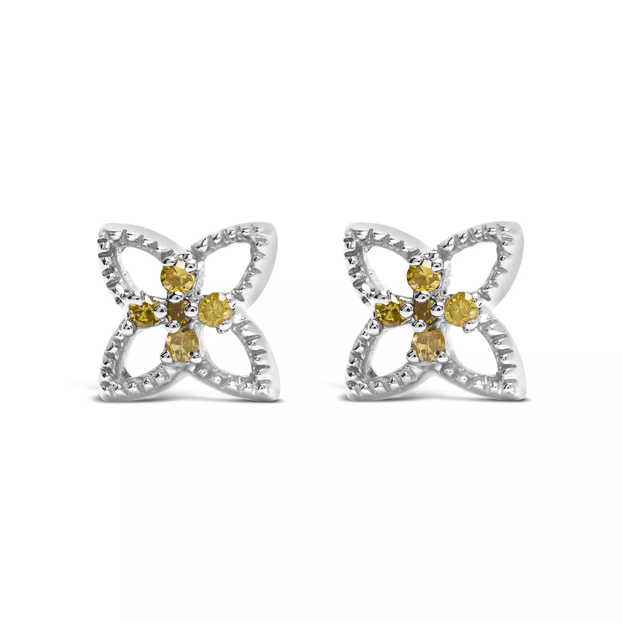 925 Sterling Silver Yellow Diamond Accent 4 Petal Flower Stud Earring (Yellow Color, SI1-SI2 Clarity)