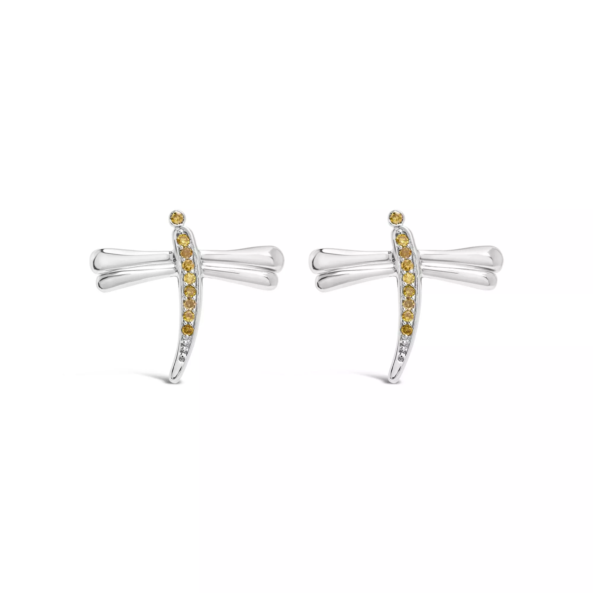 .925 Sterling Silver Yellow Diamond Accent Dragonfly Stud Earrings (Yellow Color, I2-I3 Clarity)