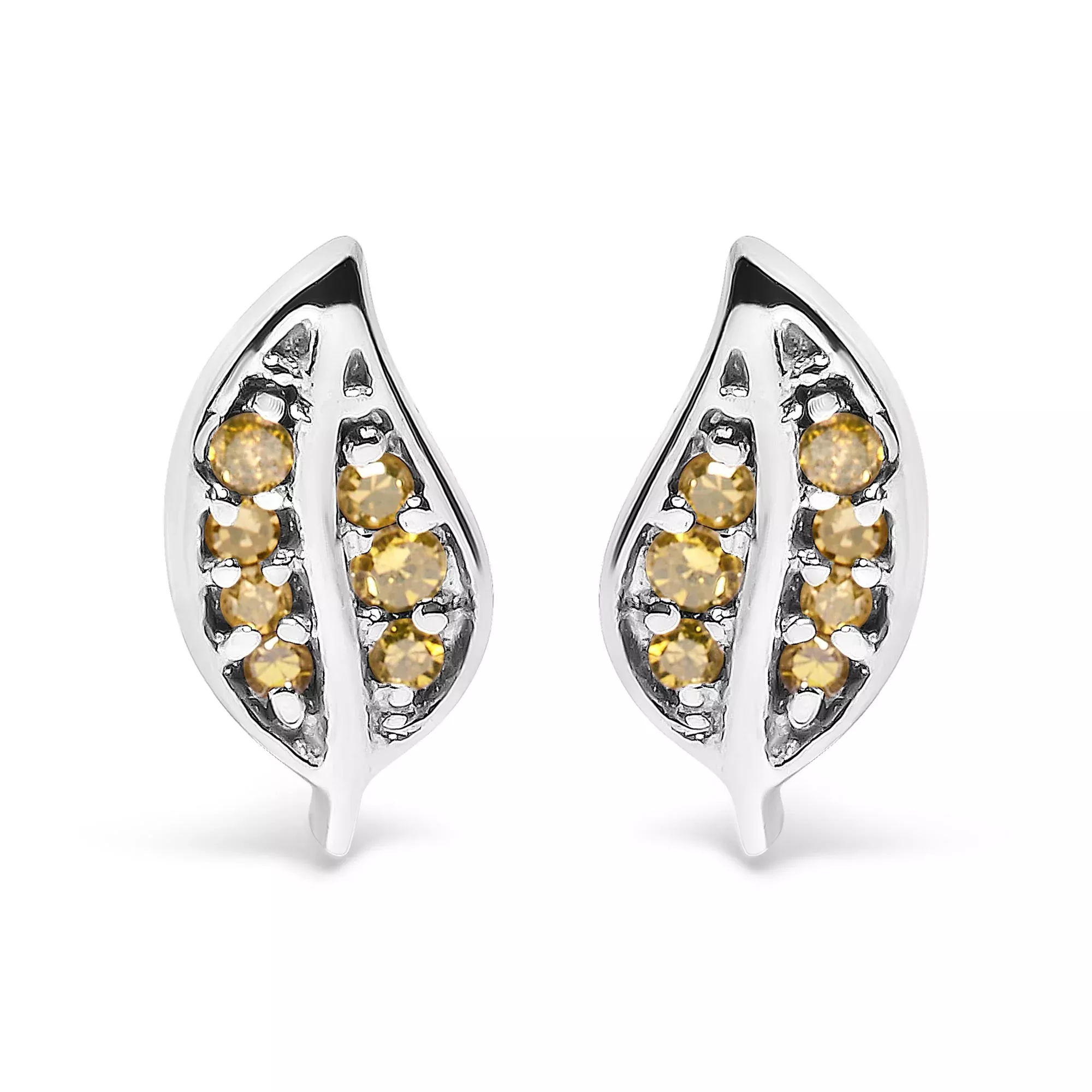.925 Sterling Silver Yellow Diamond Accent Leaf Stud Earrings