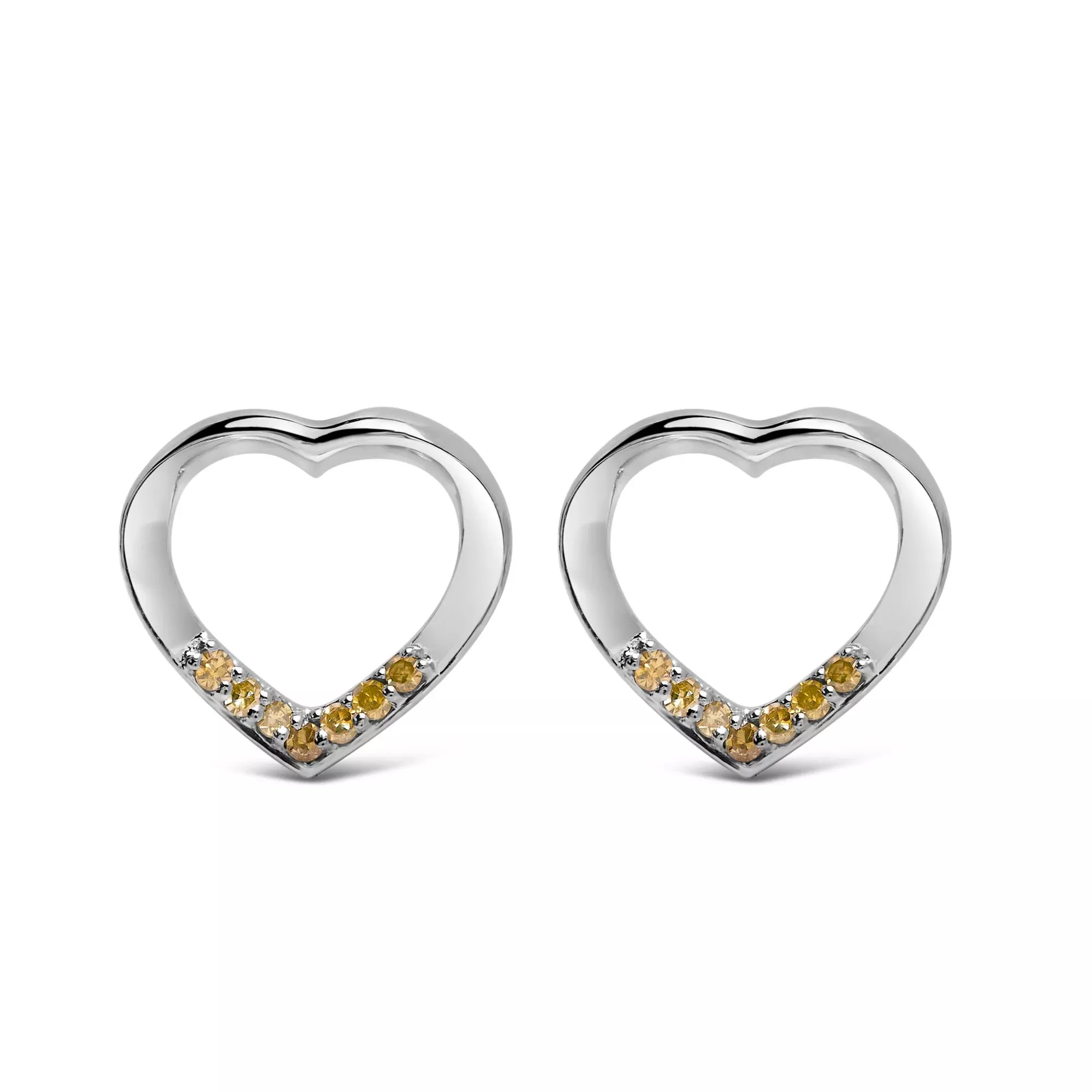 .925 Sterling Silver Yellow Diamond Accent Open Heart Stud Earrings (Yellow Color, SI1-SI2 Clarity)