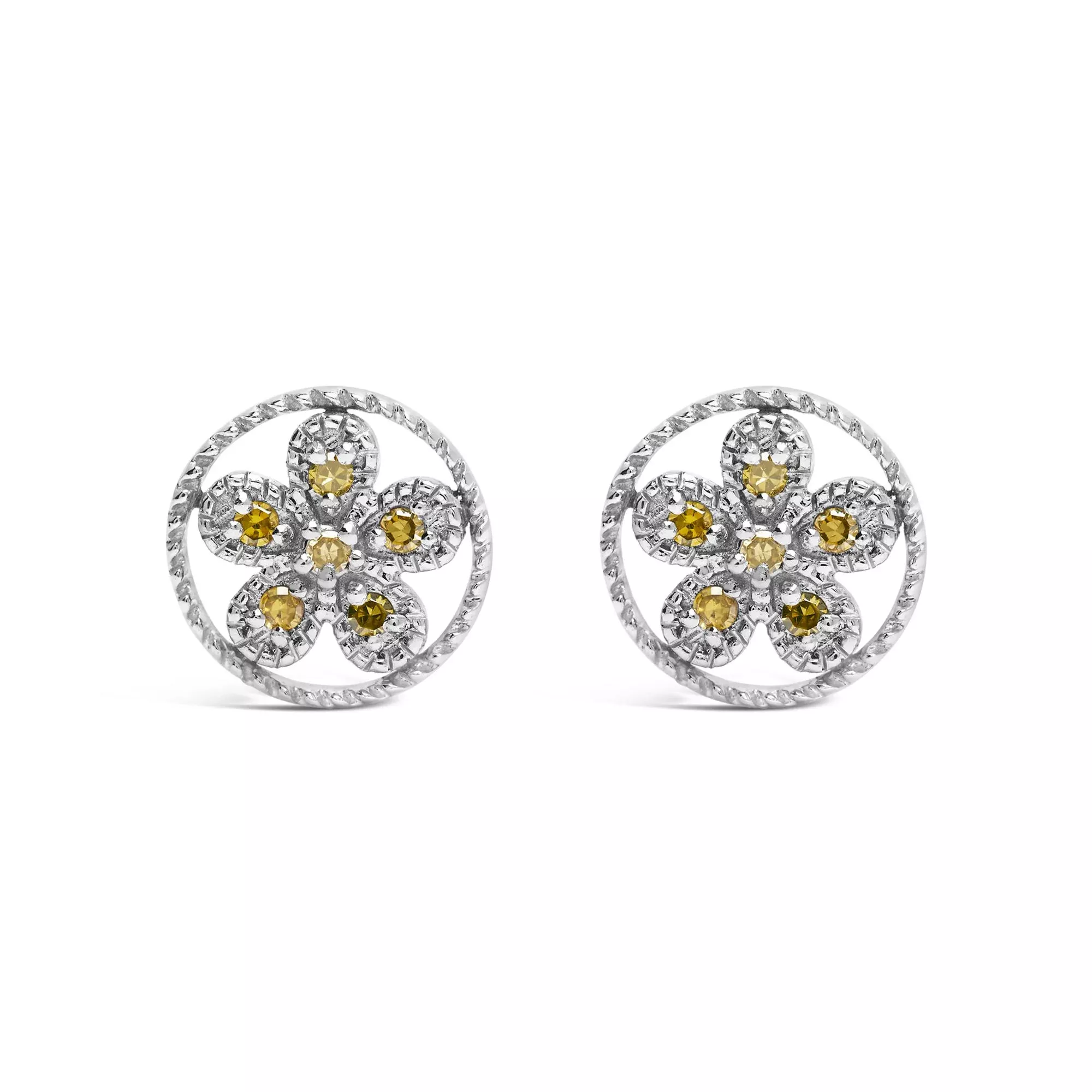 .925 Sterling Silver Yellow Diamond Accent Star and Wheel Milgrain Style Stud Earrings (Yellow Color, I2-I3 Clarity)