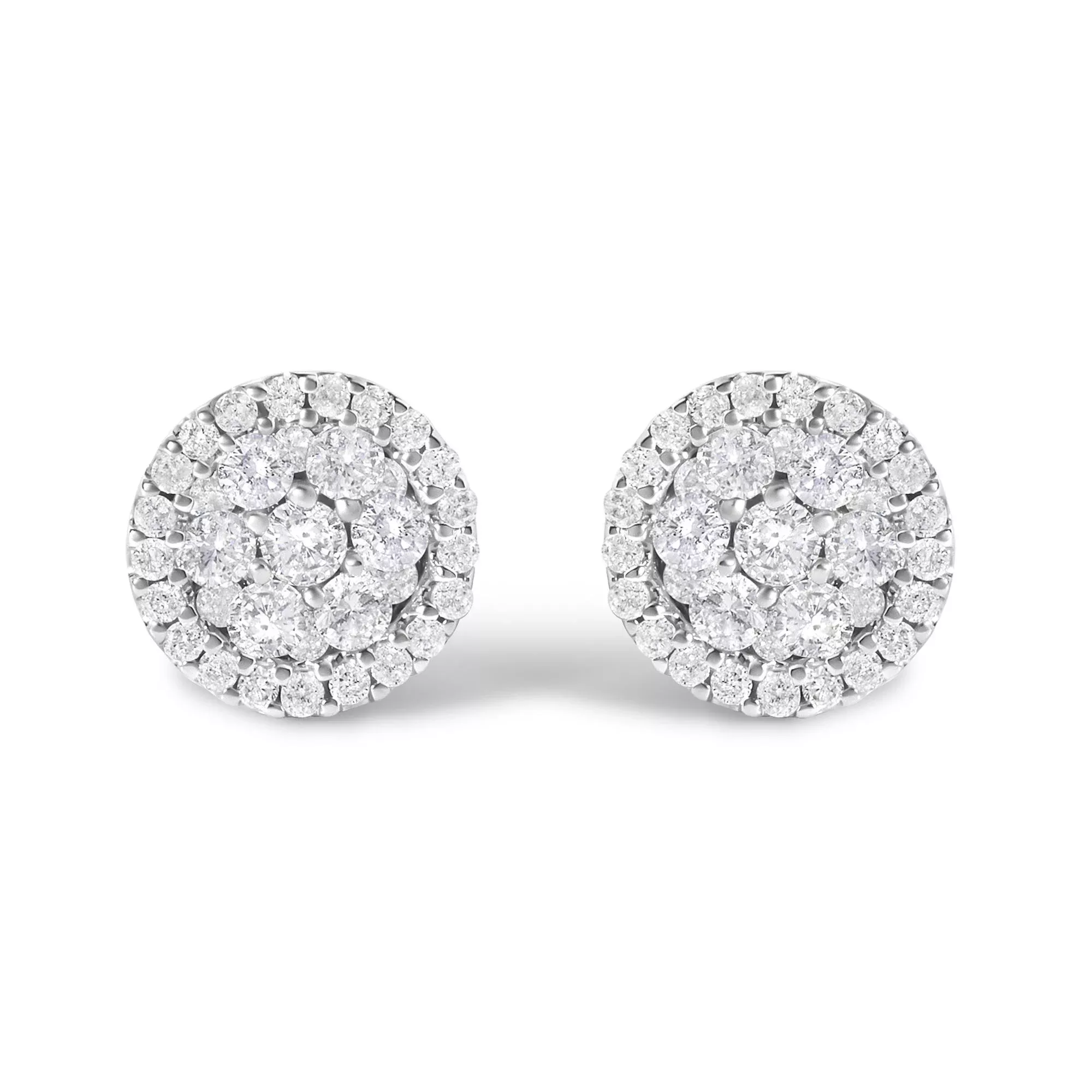 AGS Certified 14K White Gold 1.0 Cttw Brilliant-Cut Diamond Halo-Style Cluster Round Button Stud Earrings (G-H Color, I1-I2 Clarity)