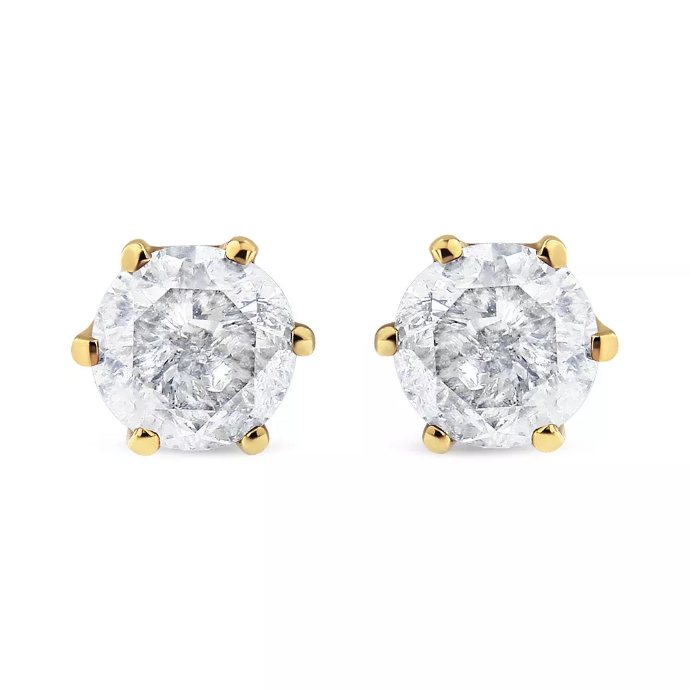 AGS Certified 2.00 Cttw Round Brilliant-Cut Diamond 14K Yellow Gold 6-Prong-Set Solitaire Stud Earrings with Screw Backs (J-K Color, I1-I2 Clarity)