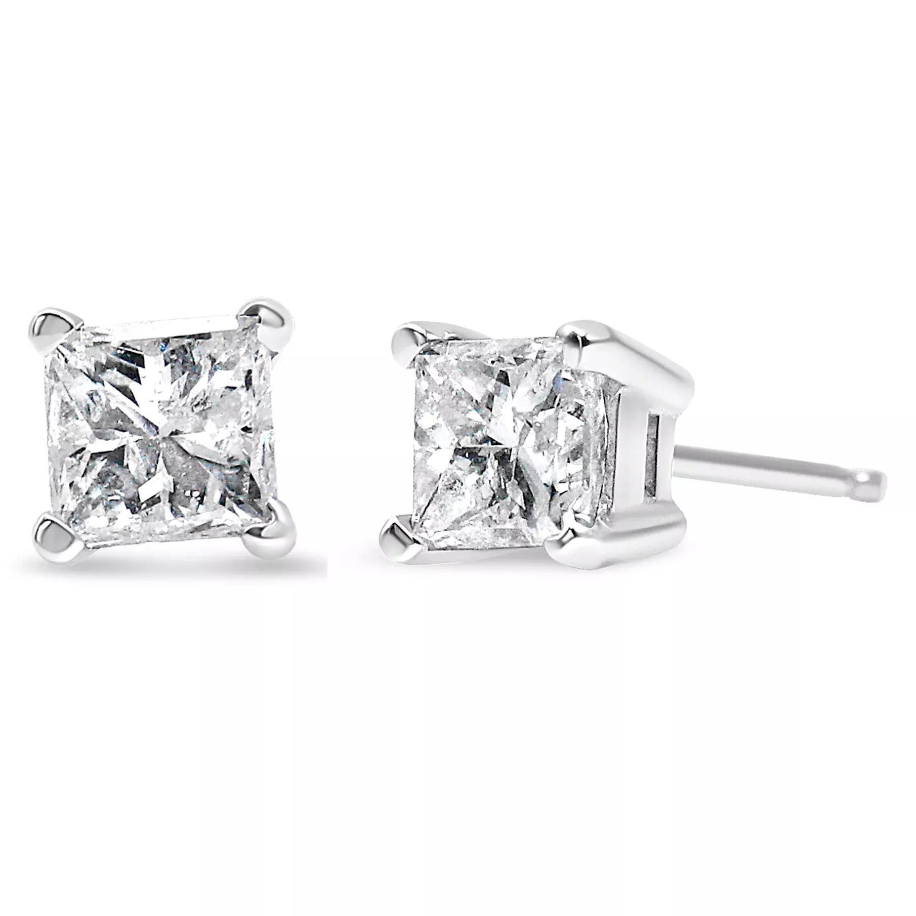AGS Certified Princess-Cut Square Diamond 4-Prong Solitaire Stud Earrings in 14K Gold (N-O Color, SI2-I1 Clarity)