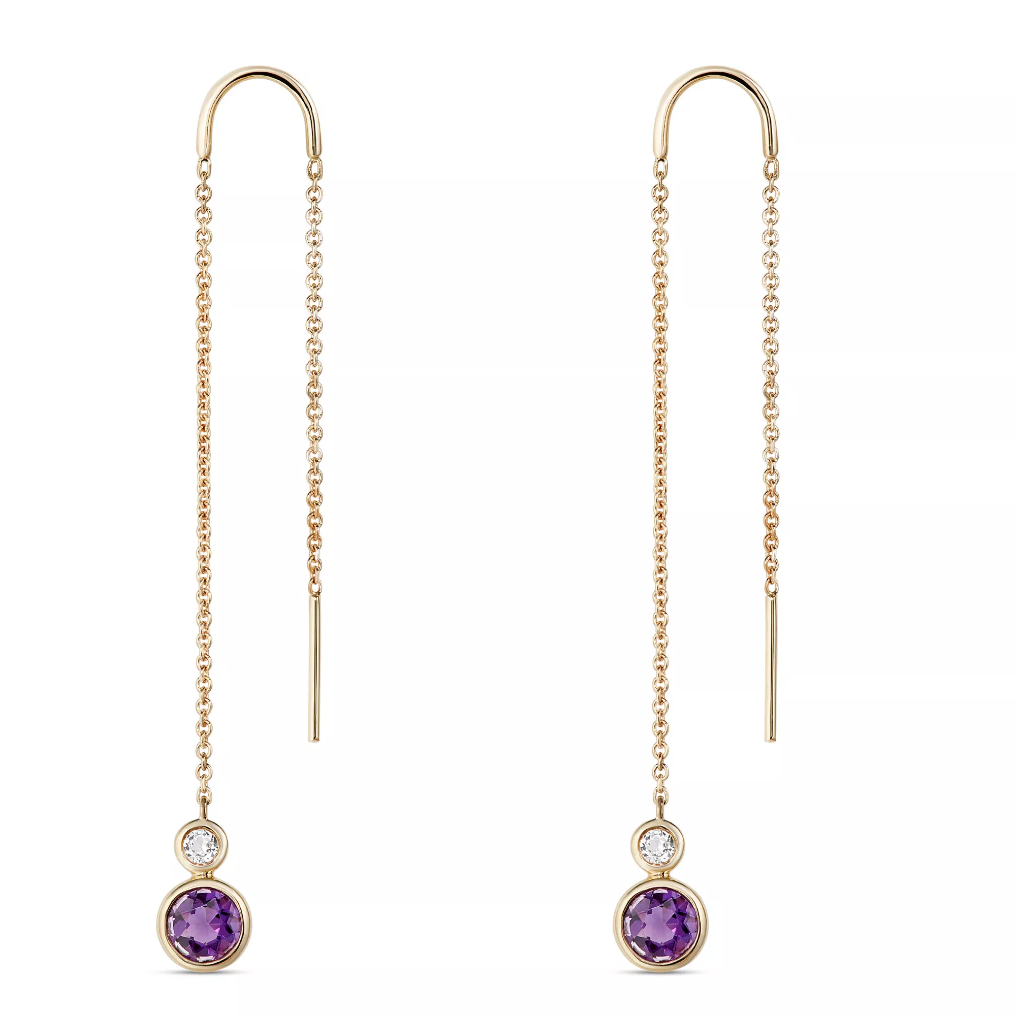 Amethyst and White Topaz Threader Earrings, 14K Yellow Gold