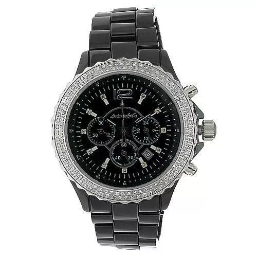 Avianne&Co Mens Ceramic Stainless Steel Black Chrono Diamond Watch 2.32 Ctw