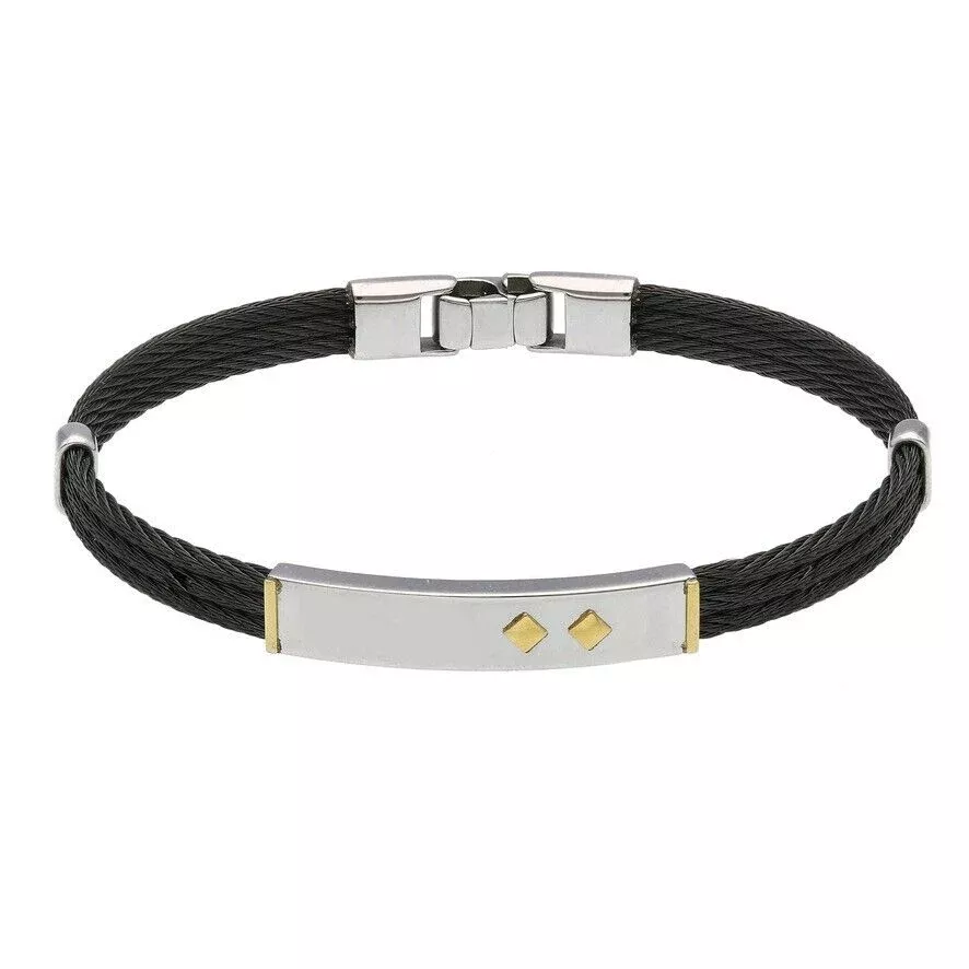 BANGLE BRACELET 8mm TRIPLE STAINLESS STEEL ROPE CABLE AND PLATE 18K GOLD INSERTS