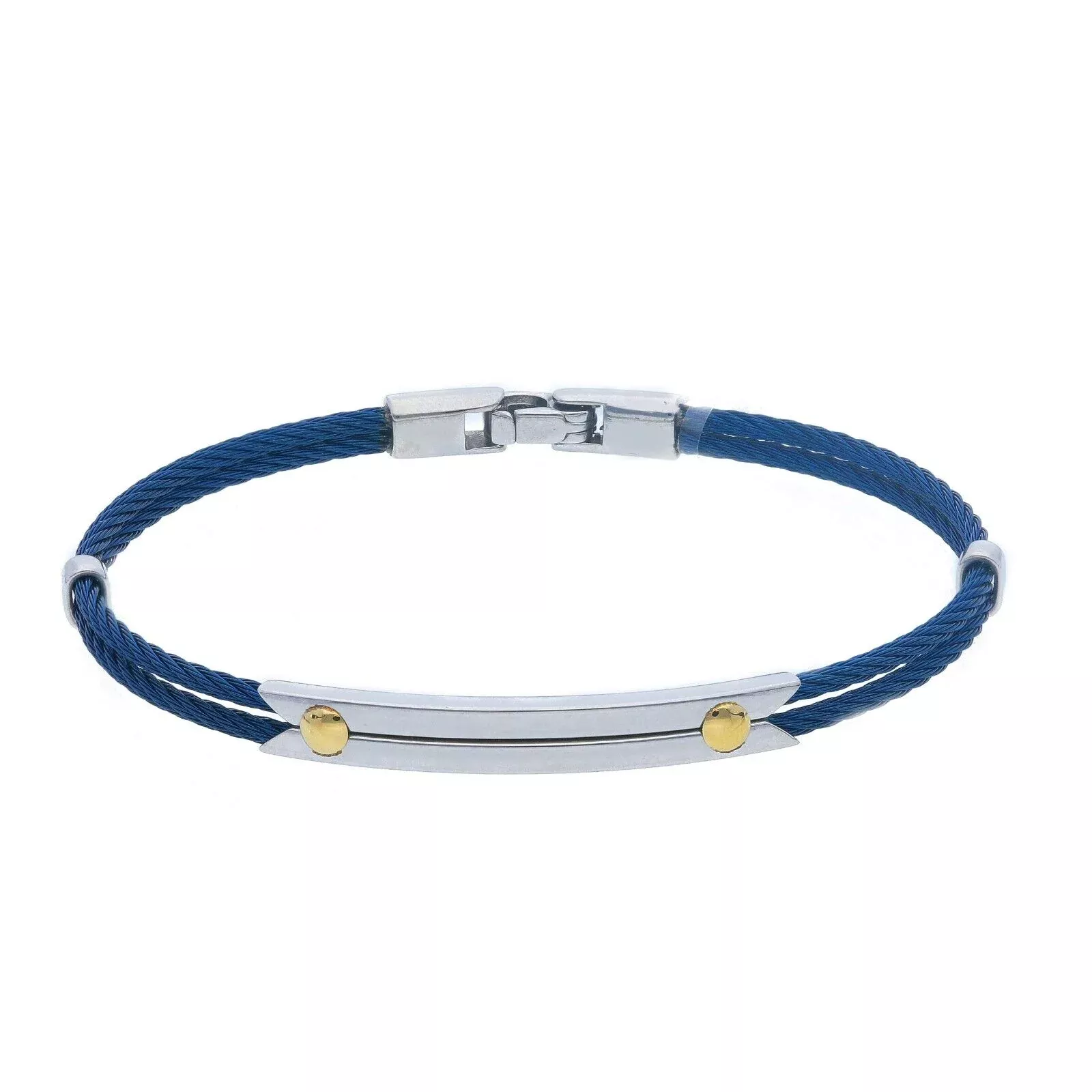 BANGLE BRACELET DOUBLE BLUE STAINLESS STEEL ROPE CABLE PLATE 18K GOLD INSERTS