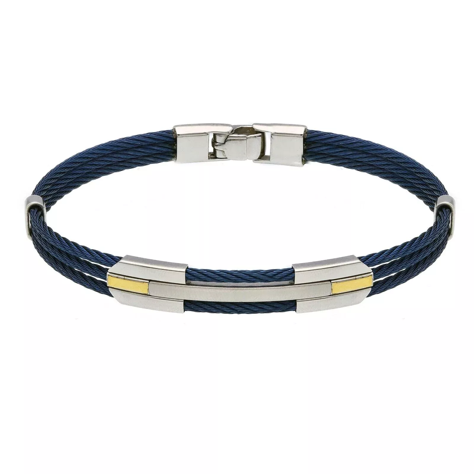 BANGLE BRACELET TRIPLE BLUE STAINLESS STEEL ROPE CABLE PLATE 18K GOLD INSERTS