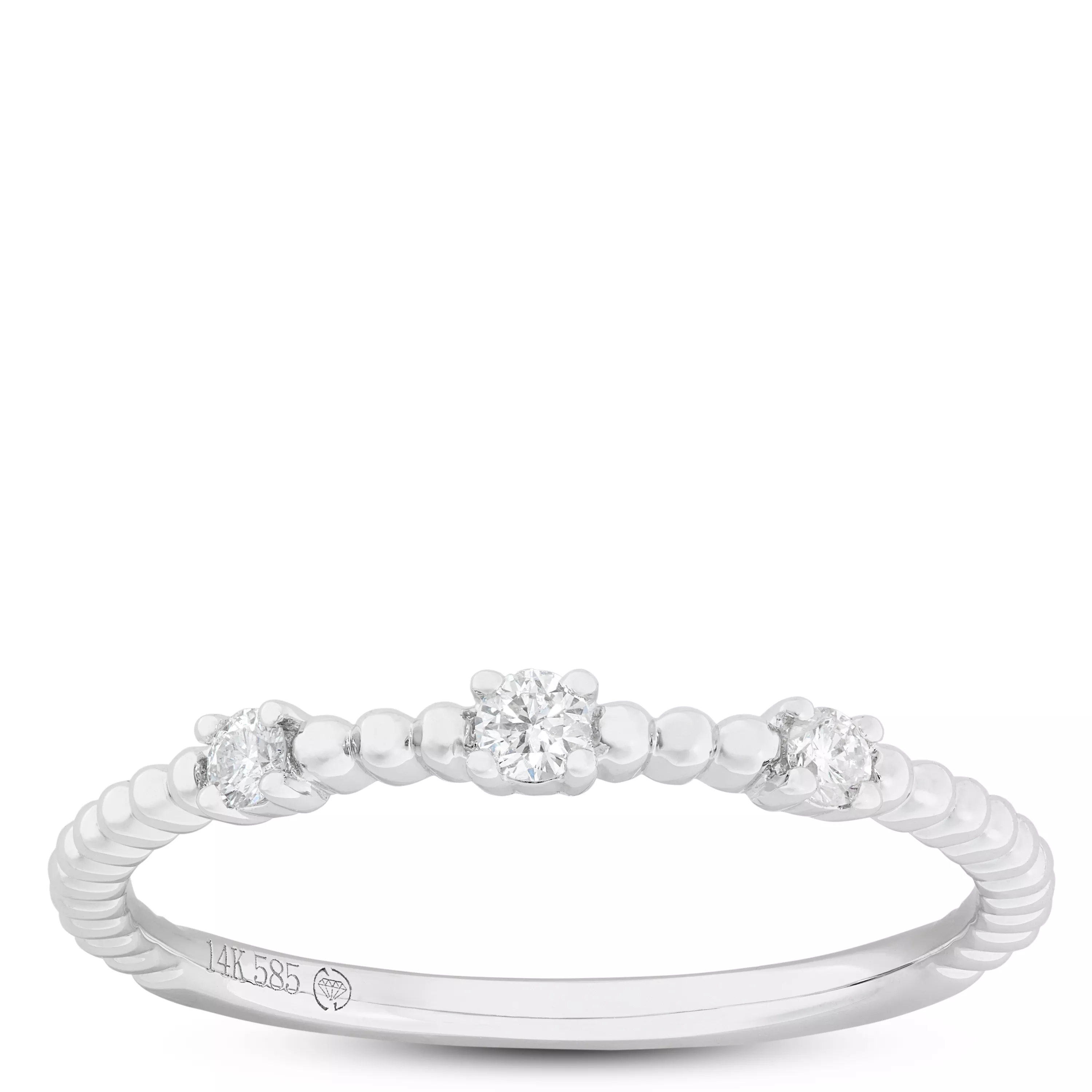 Beaded Three Diamond Band, 14K White Gold
