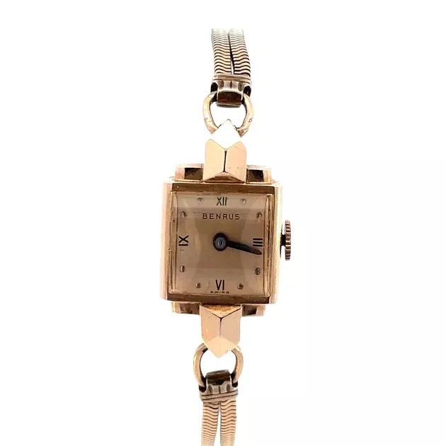 Benrus 14K Rose Gold Square Case Ladies Watch