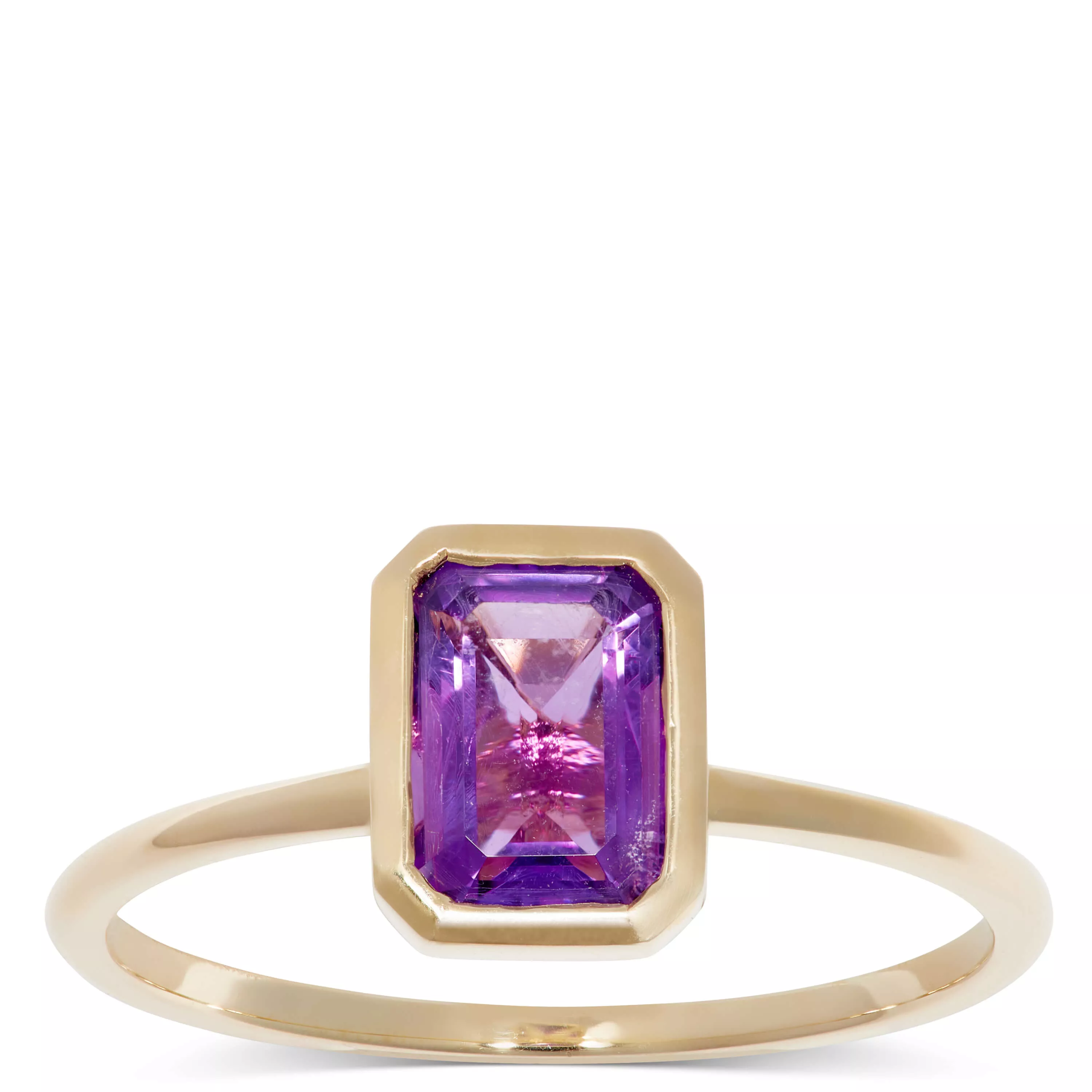Bezel Set Emerald Cut Amethyst Ring 14K