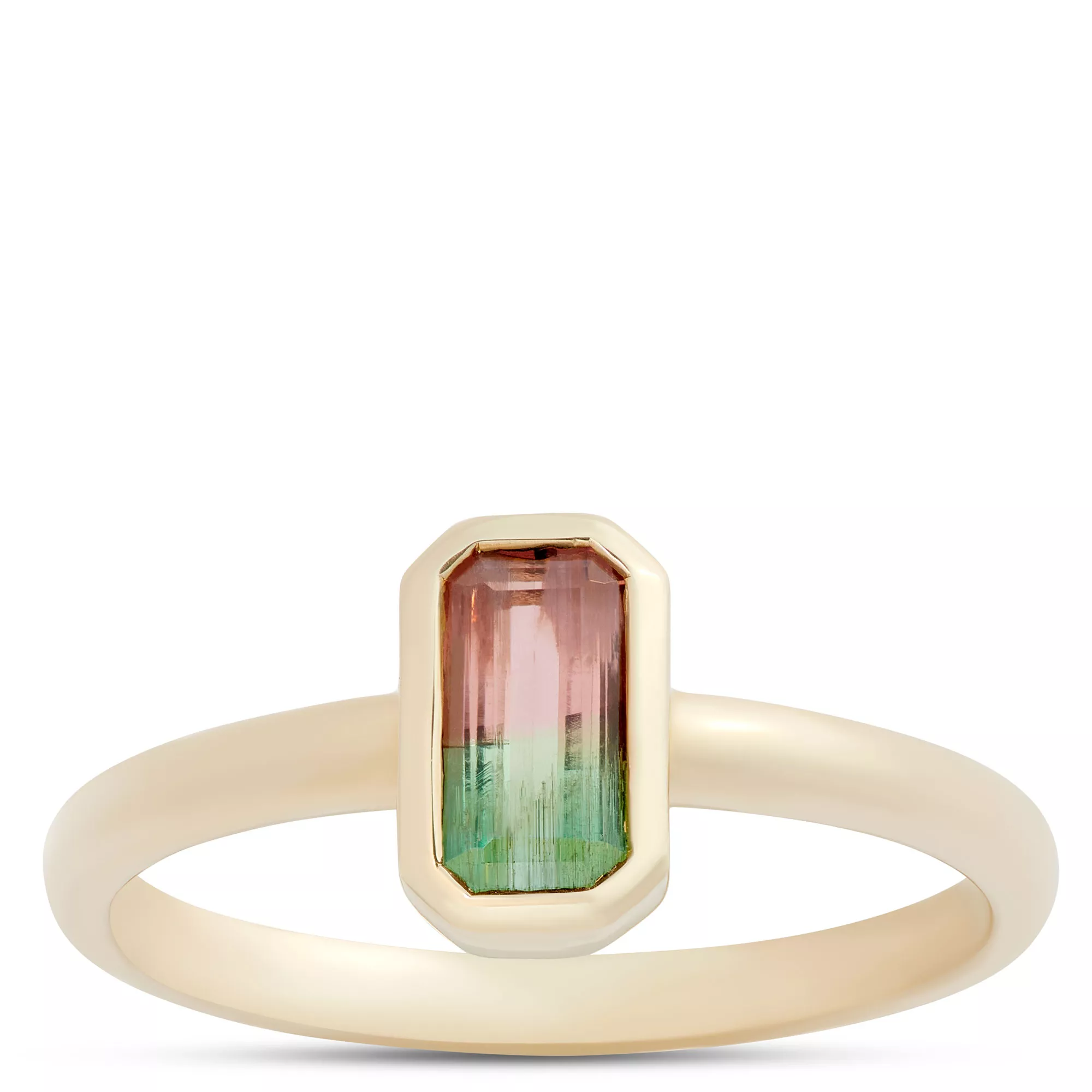 Bi-Colored Emerald Cut Tourmaline Ring, 14K Yellow Gold