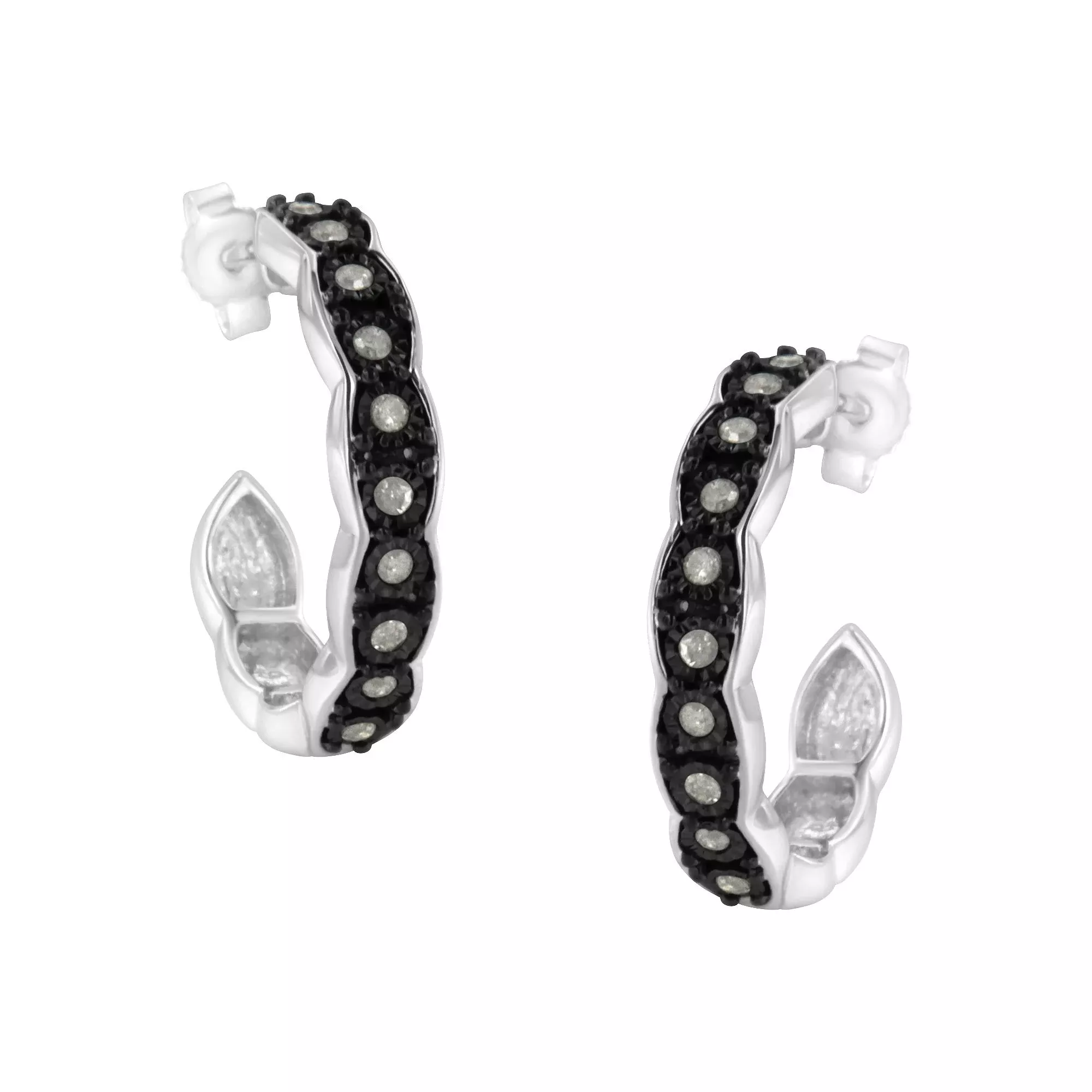 Black Rhodium and .925 Sterling Silver 1/4 cttw Miracle Plate Set Diamond "C" Shape Hoop Earring(I-J Color, I3 Clarity)