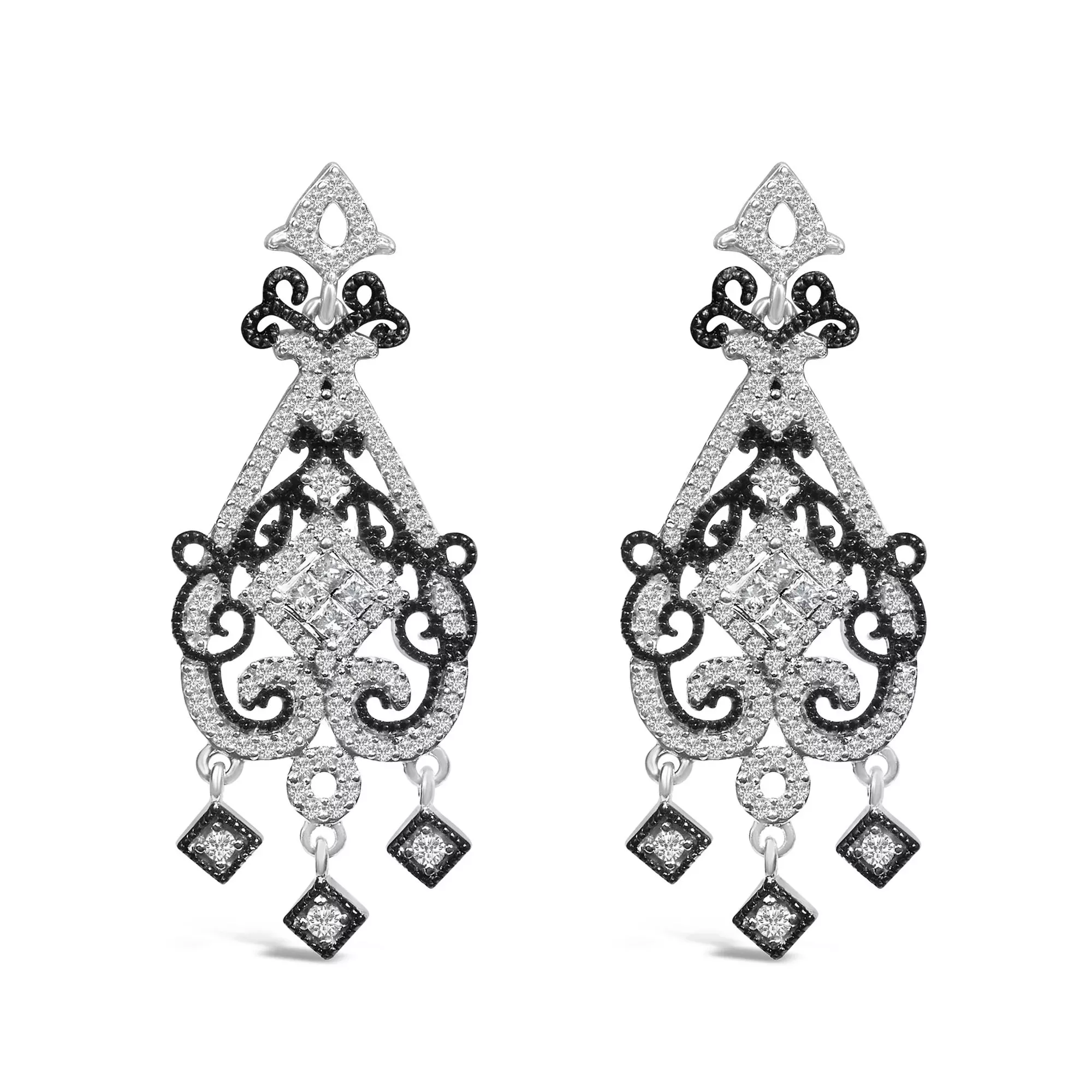 Black Rhodium and .925 Sterling Silver 3/4 Cttw Diamond Chandelier Earrings