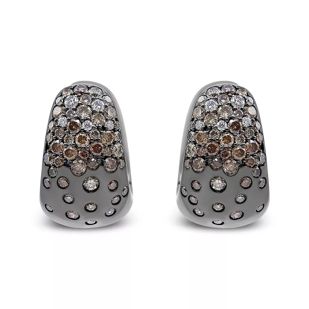 Black Rhodium over 18K White Gold 2 1/4 Cttw Prong and Bezel Set White and Brown Diamond Huggy Hoop Earring (F-G/Brown Color, VS1-VS2 Clarity)