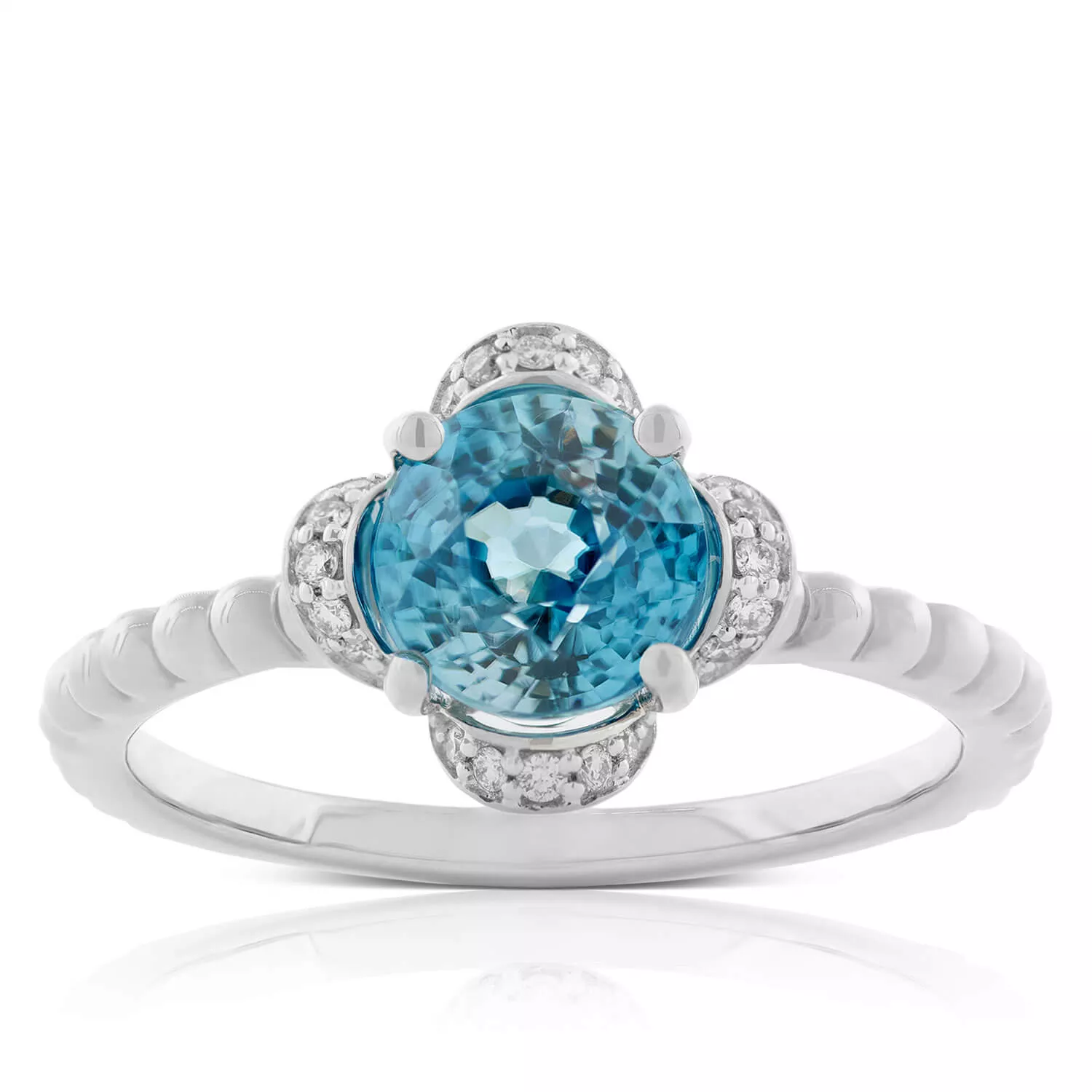 Blue Zircon & Diamond Flower Ring 14K