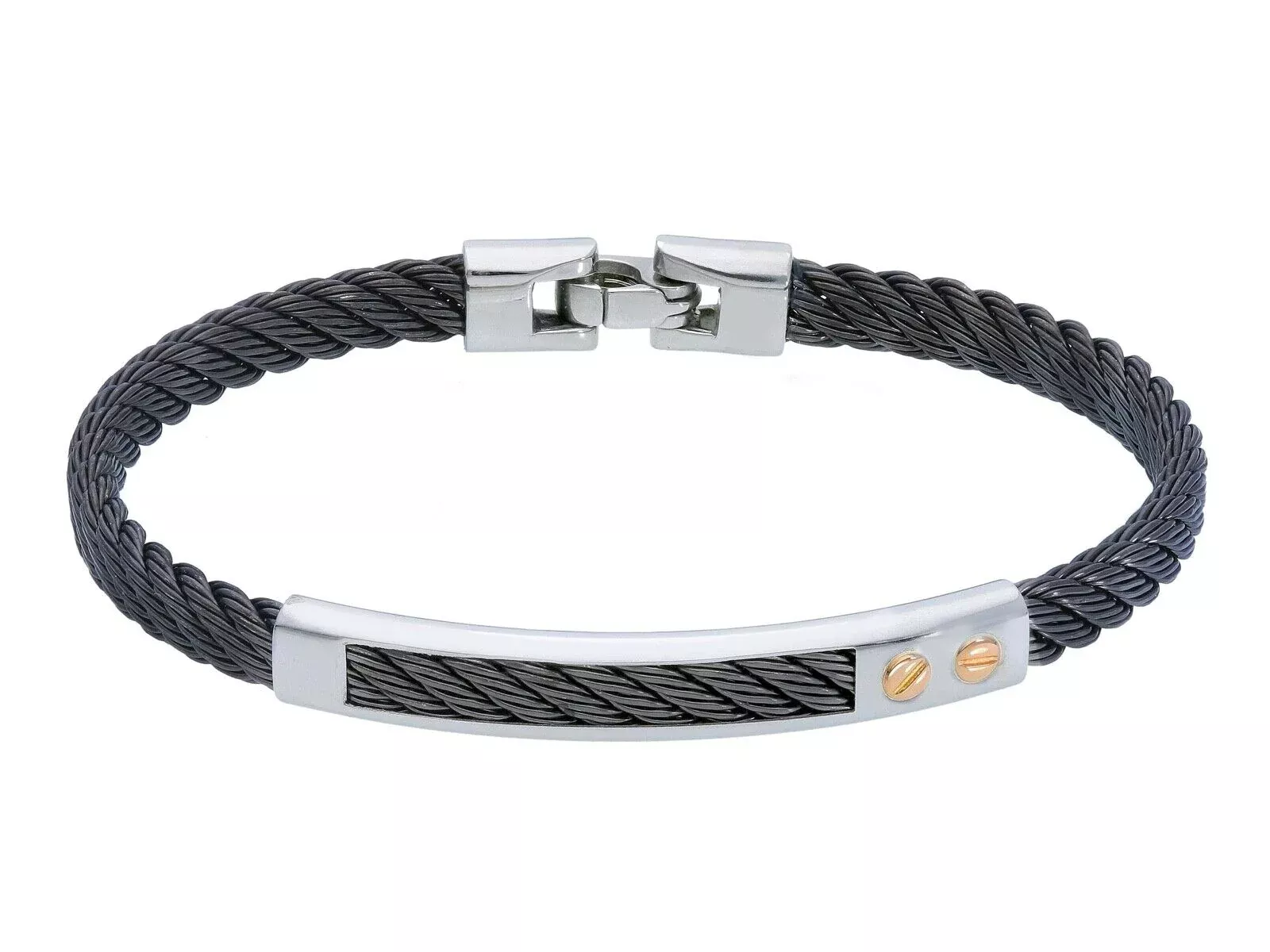 BRACELET 6mm BLACK ROPE BRAIDED CABLE, STAINLESS STEEL PLATE, 18K GOLD INSERTS