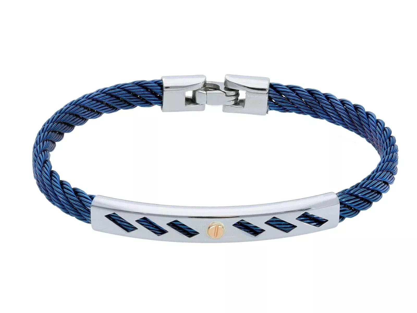 BRACELET 6mm BLUE ROPE BRAIDED CABLE, STAINLESS STEEL PLATE, 18K GOLD INSERT