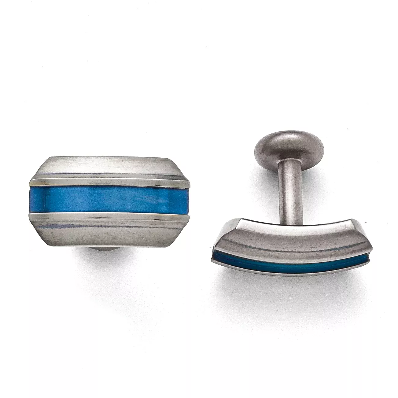 Brushed Titanium Blue Anodized Stripe Cuff Links