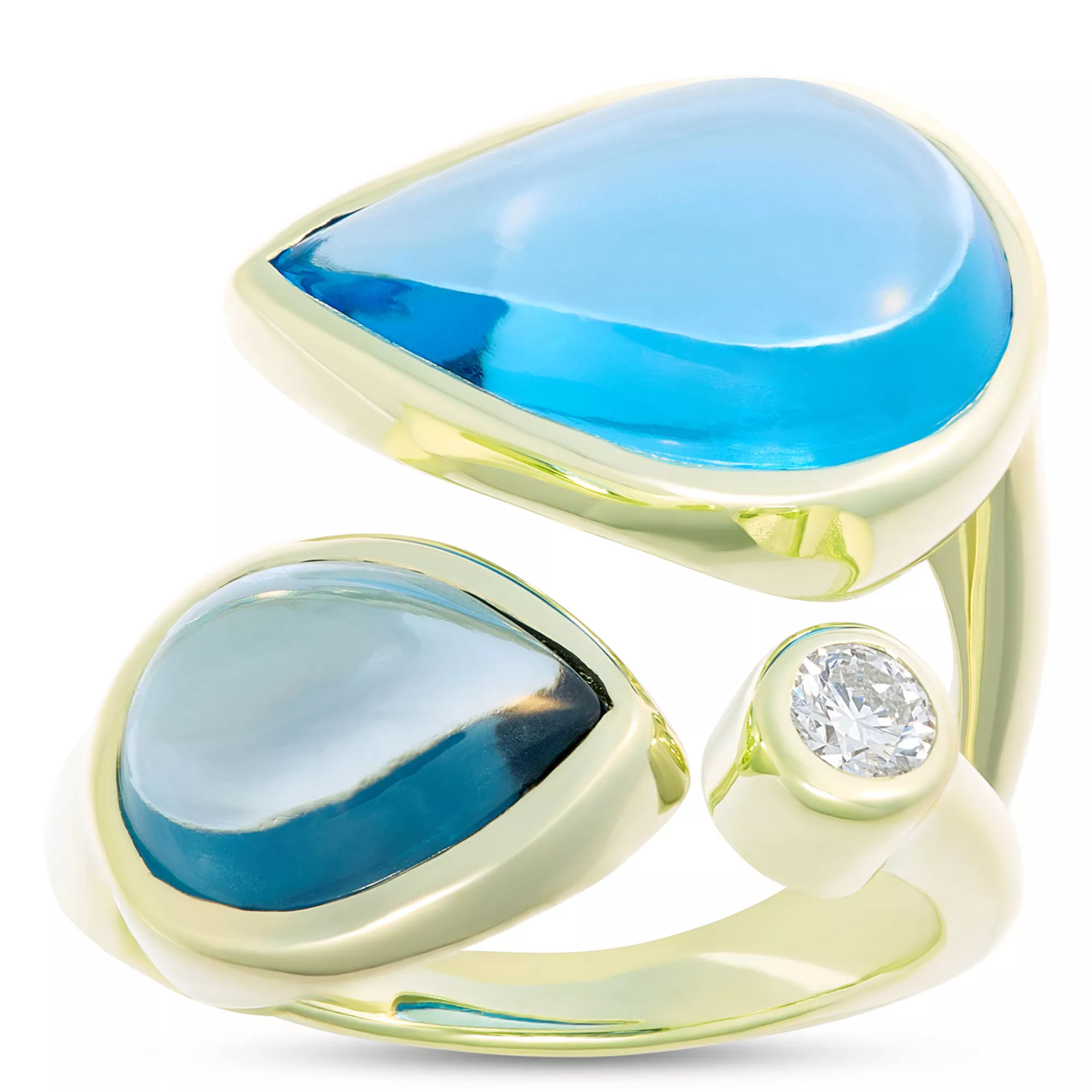 Cabochon Ring with Pear Shaped Blue Topaz Gemstones and Bezel Set Diamond, 14K Yellow Gold