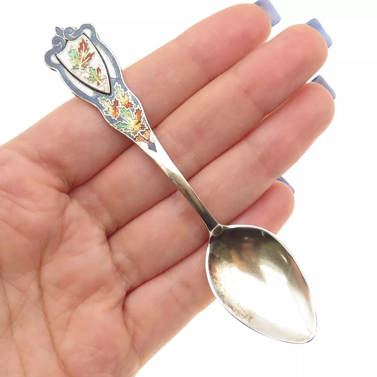 CARON BROS 925 Sterling Silver Antique Art Deco Enamel Maple Leaf Coffee Spoon