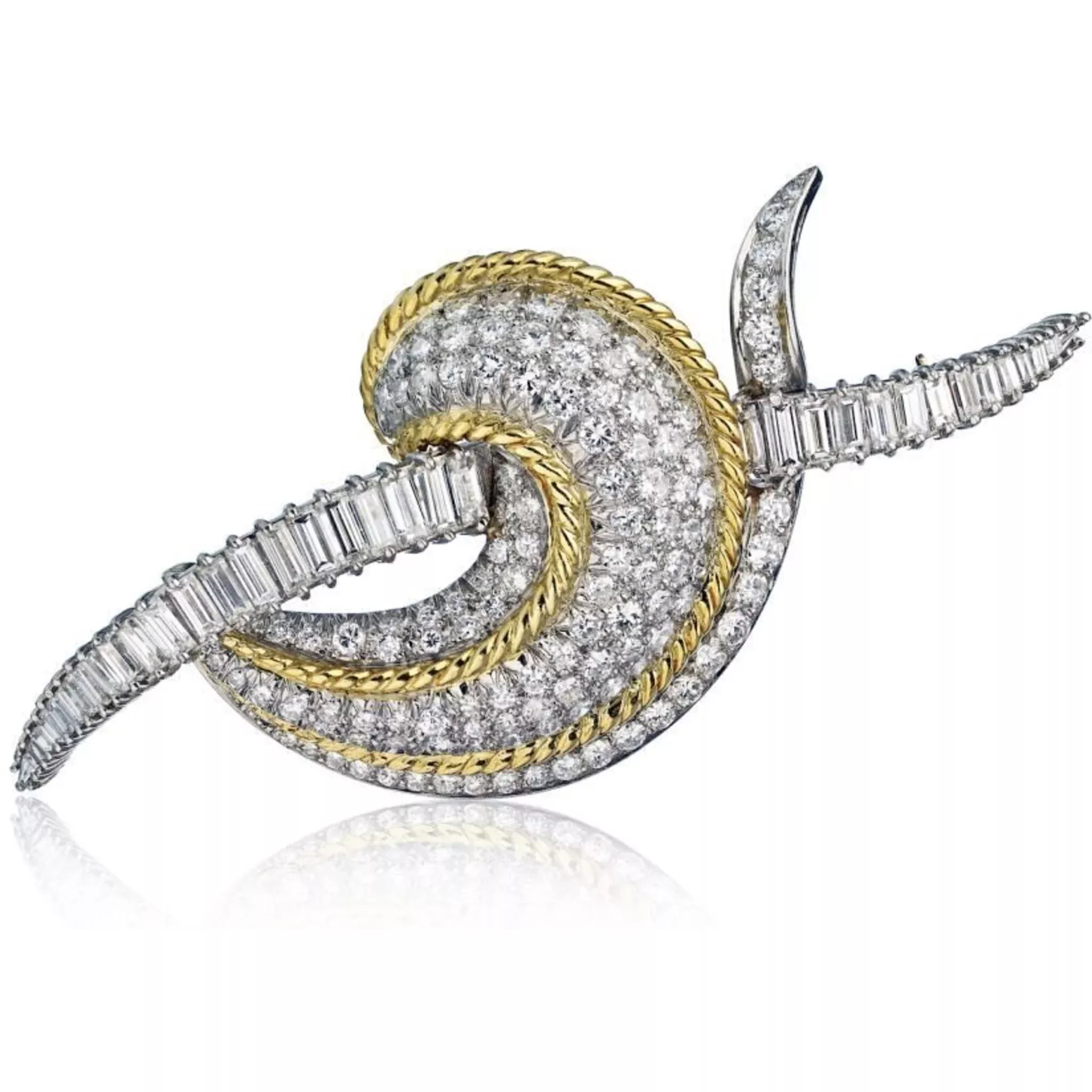 Circa 1970's Platinum & 18K Yellow Gold 8 Carat Diamond Scroll Brooch