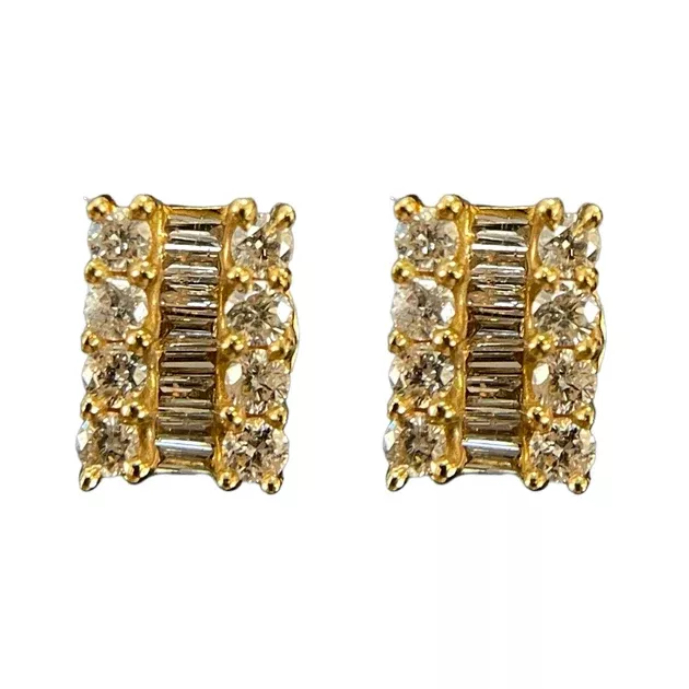 Classic 18K Yellow/Gold Round and Baguette Natural Diamond Stud Earrings