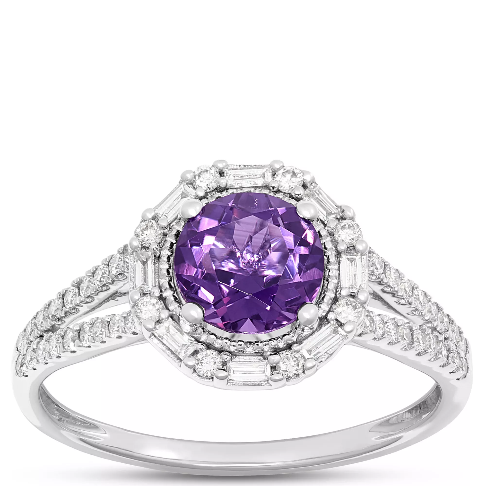 Classic Round Amethyst and Diamond Ring, ⅓ Total Carat Weight, 14K White Gold