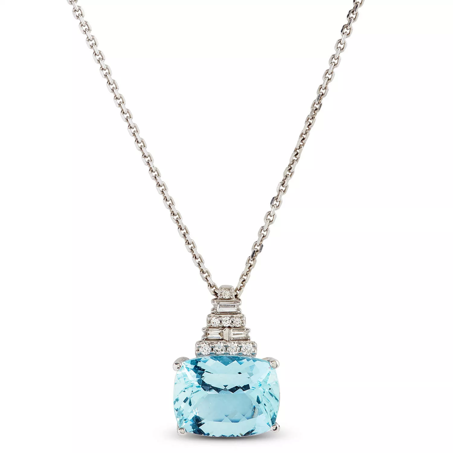 Cushion Aquamarine & Diamond Pyramid Necklace 14K