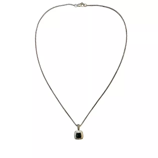 David Yurman Sterling Silver Onyx & Diamond Pendant Necklace