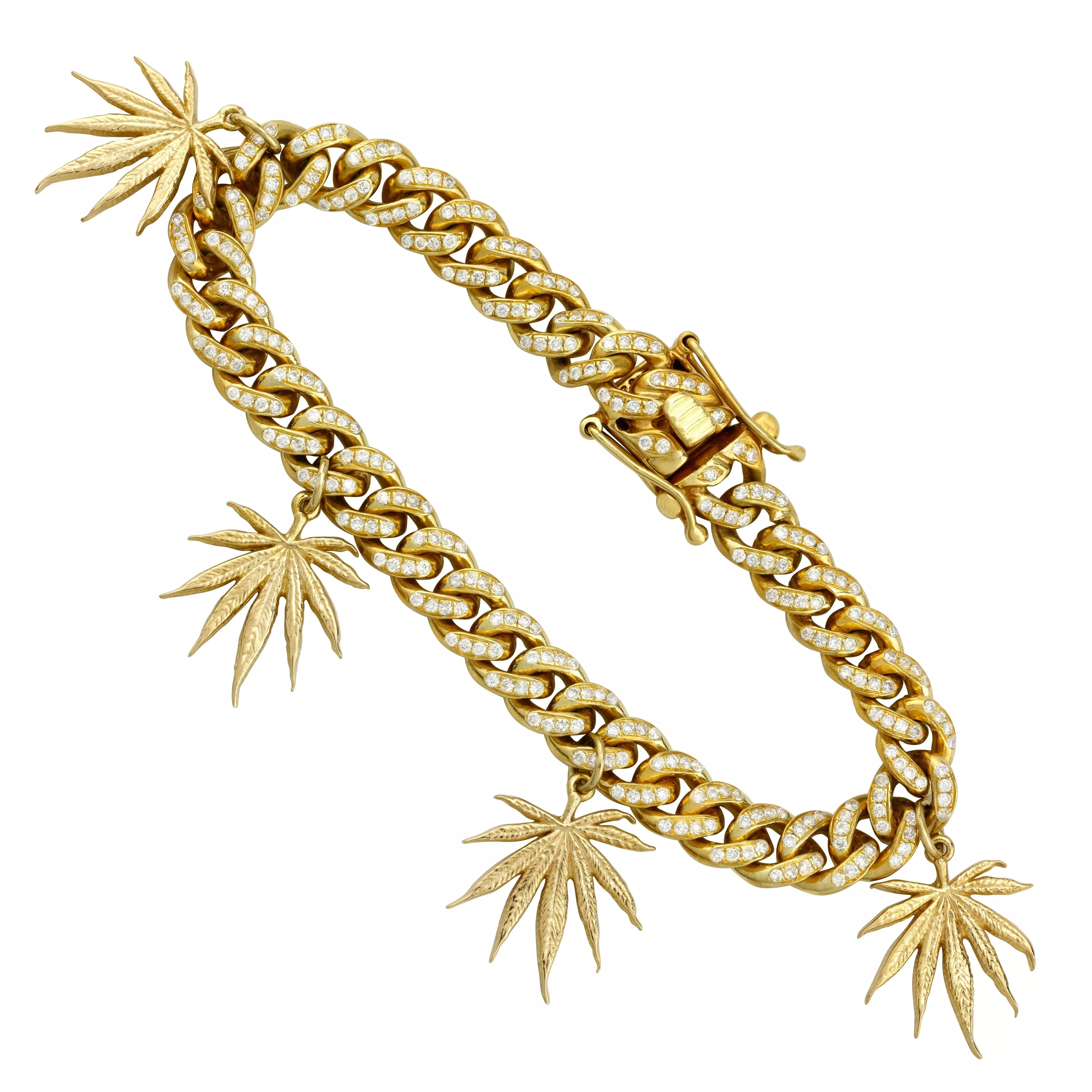 Diamond Cuban Link Weed Marijuana Bracelet in 14k Yellow Gold 4.50 Ctw