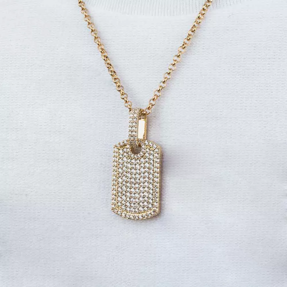 Diamond Dog Tag Necklace Pendant & Cable Chain