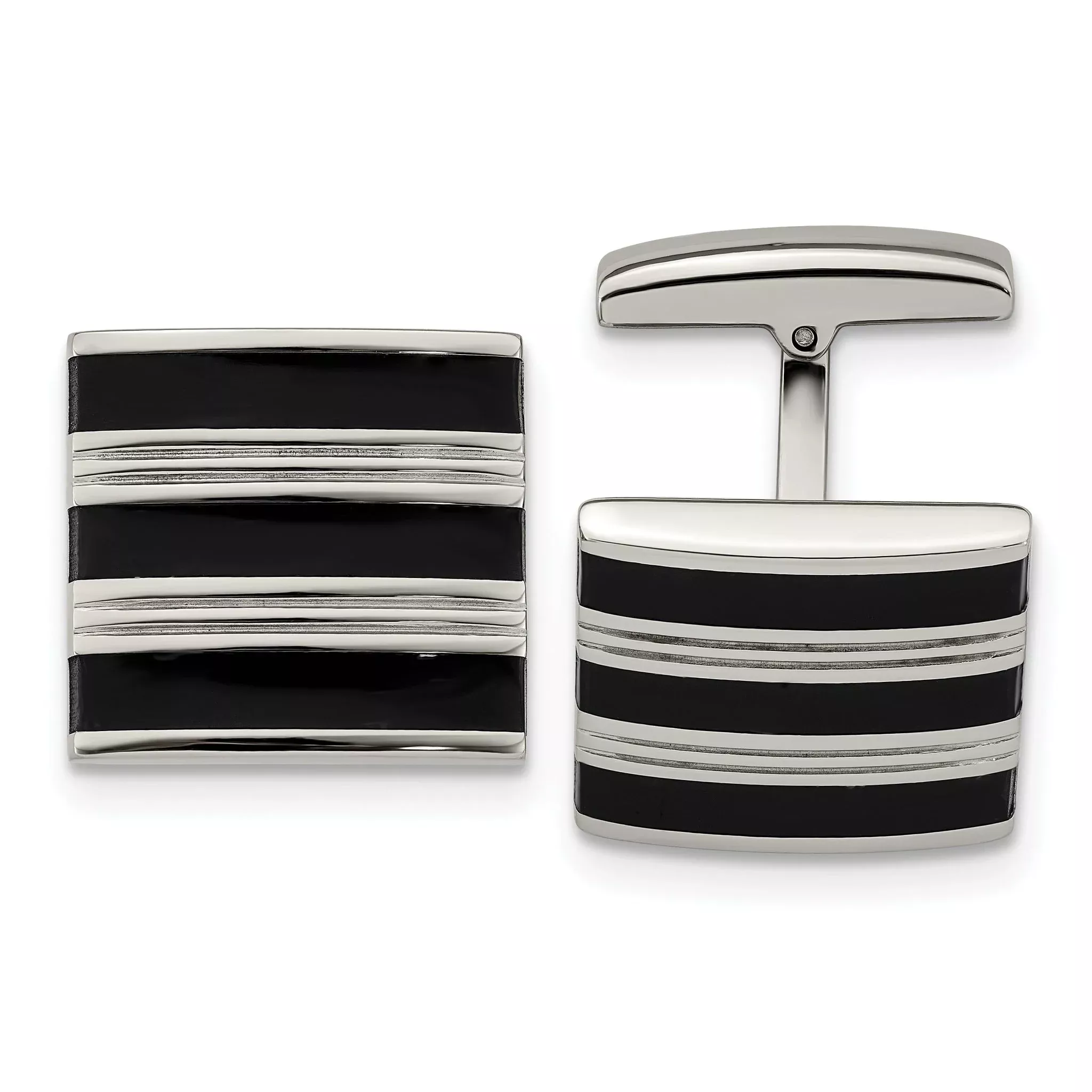 Grooved Cufflinks in Stainless Steel with Black Rubber Stripes