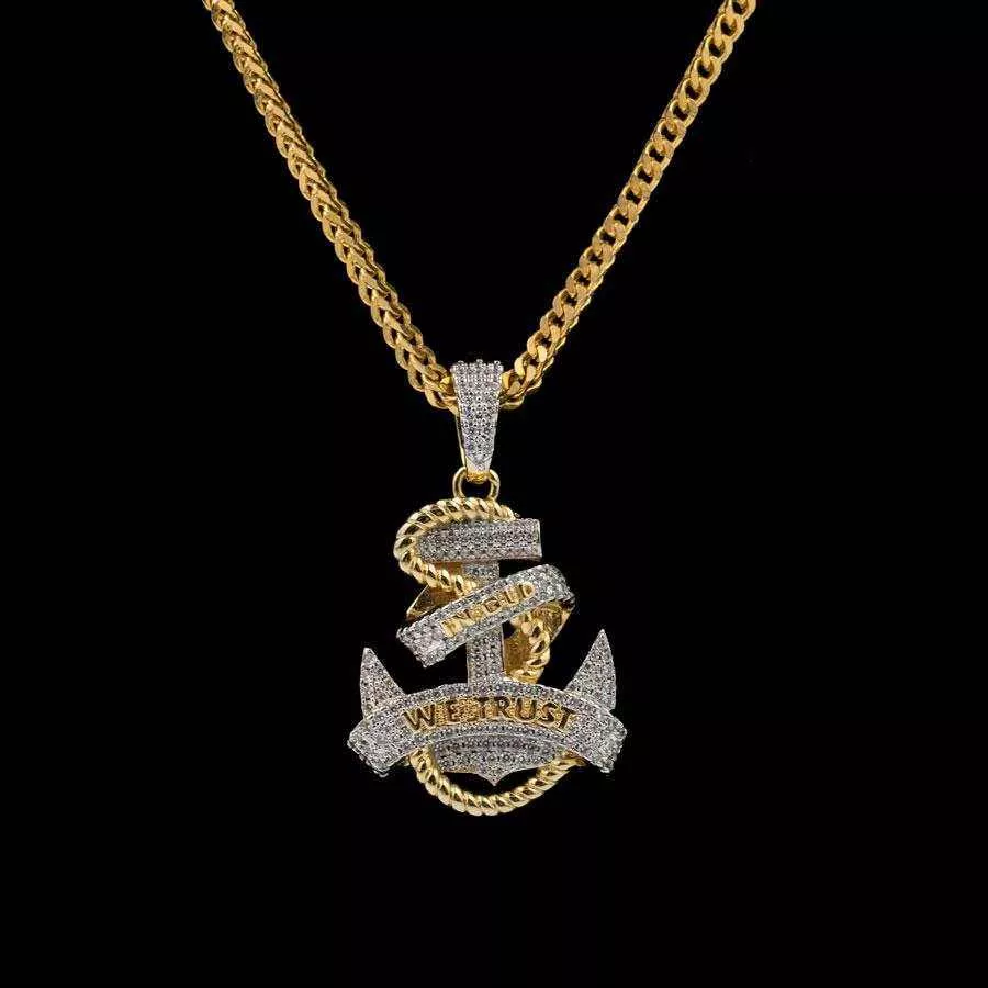 Iced Anchor Pendant in Yellow Gold