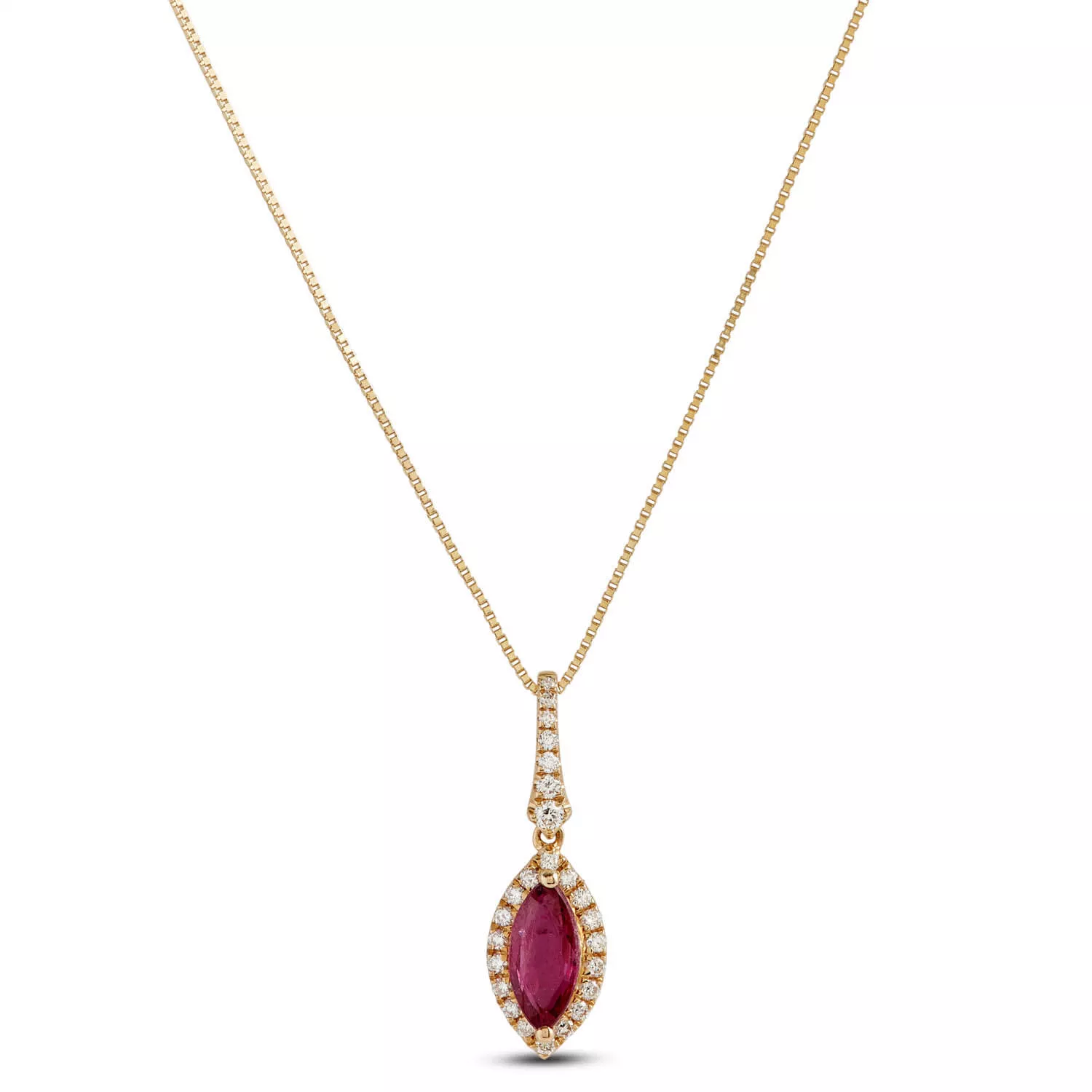 Marquise Ruby & Diamond Halo Necklace 14K