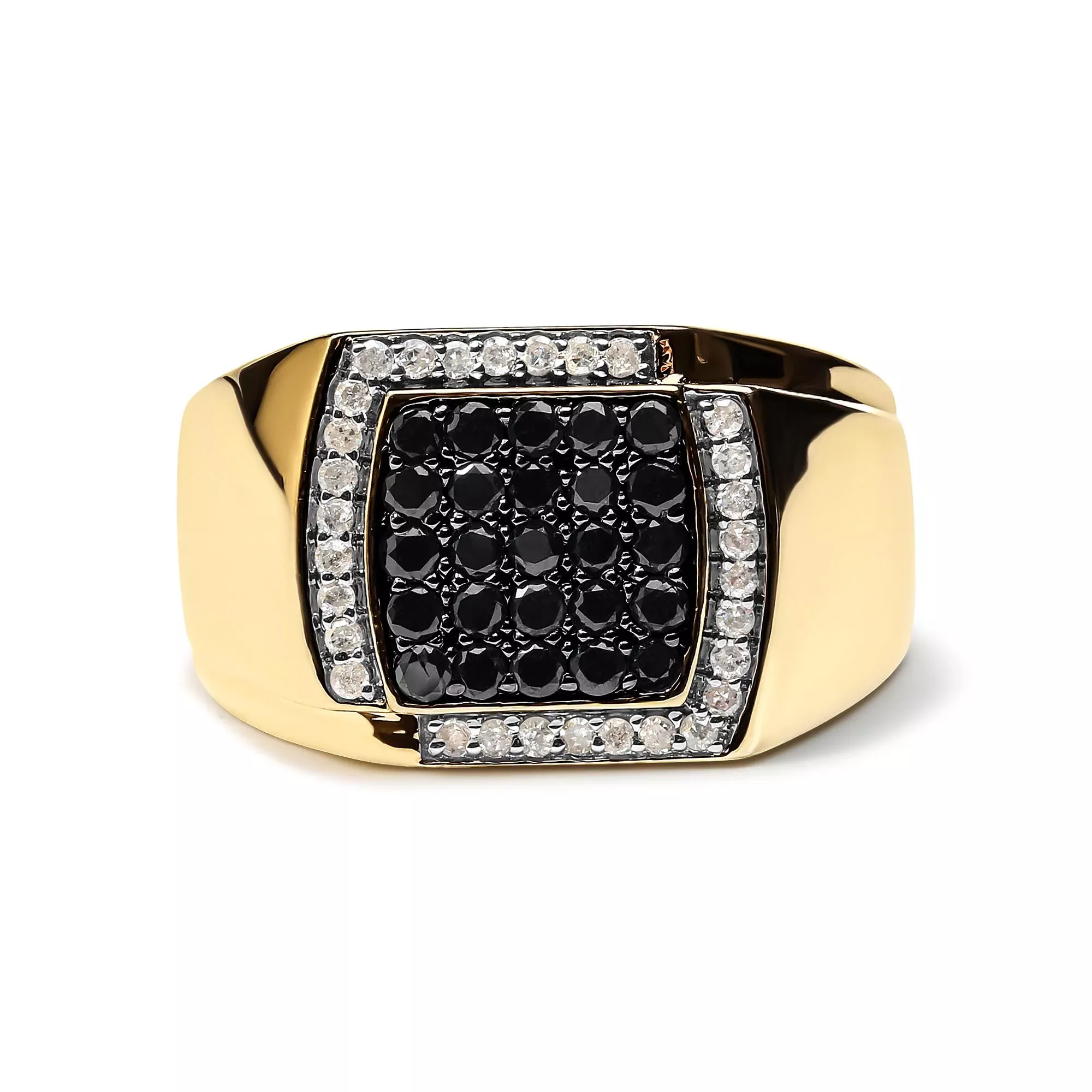 Men's 10K Yellow Gold 1.00 Cttw Cushion Cluster Black and White Diamond Statement Ring (I-J Color, I2-I3 Clarity)