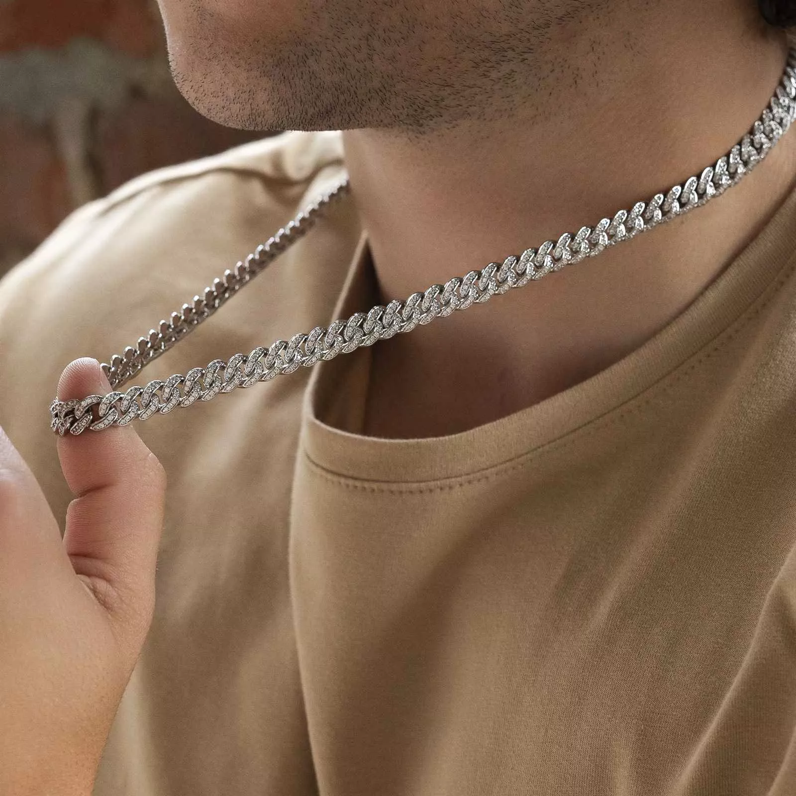 Micro Diamond Cuban Link Chain Choker White Gold 8mm