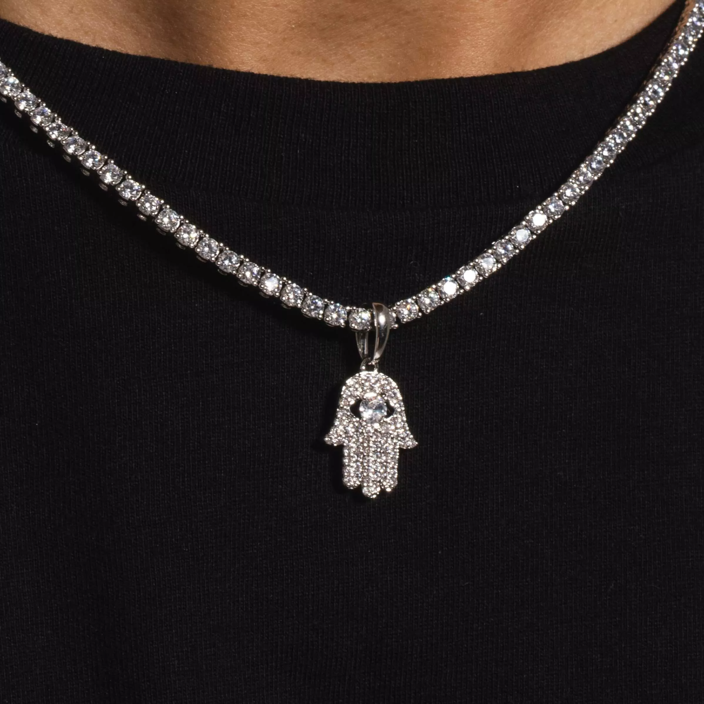 Micro Iced Hamsa Pendant in White Gold