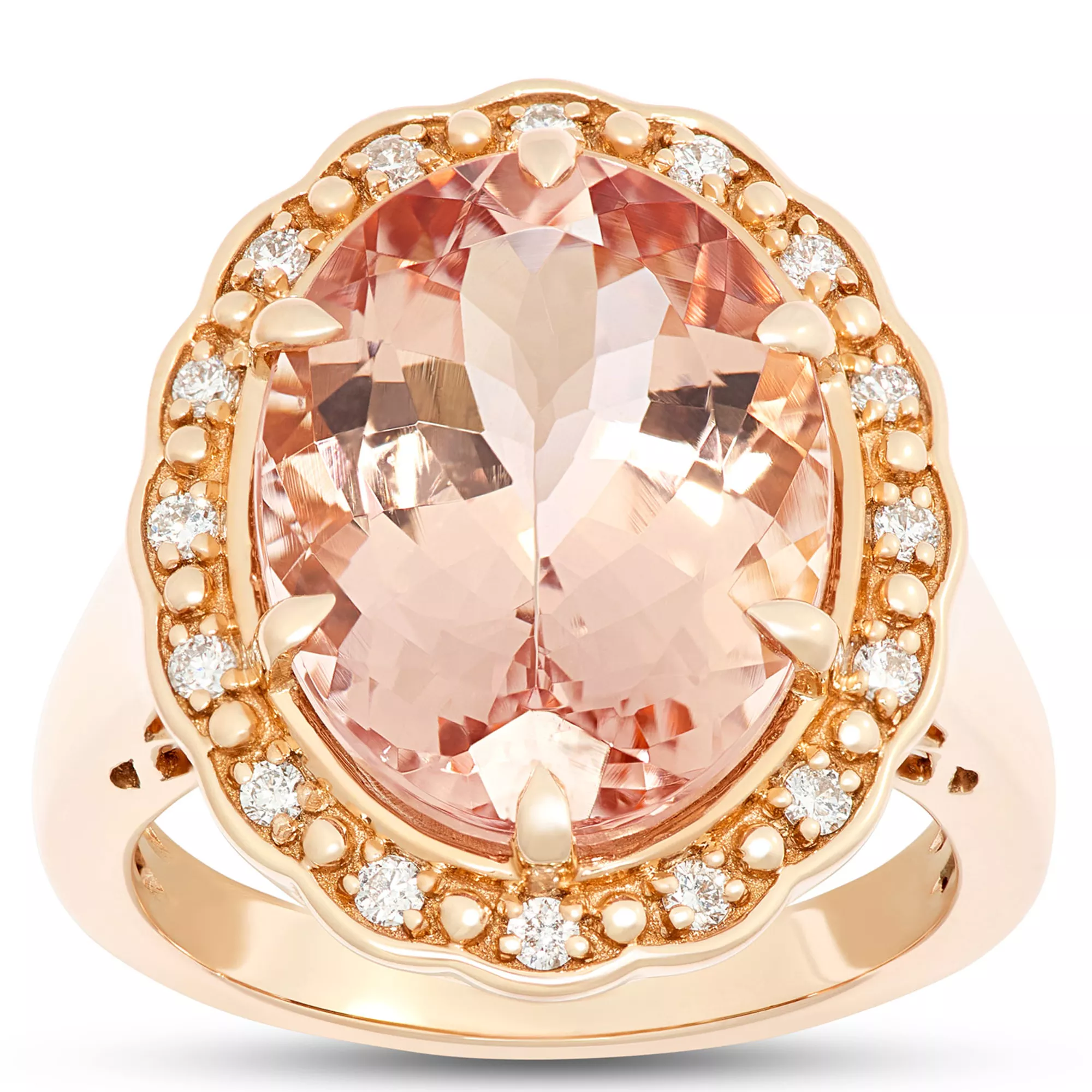 Oval Morganite Ring with Diamond Halo, ⅕ Total Carat Weight, 14K Rose Gold