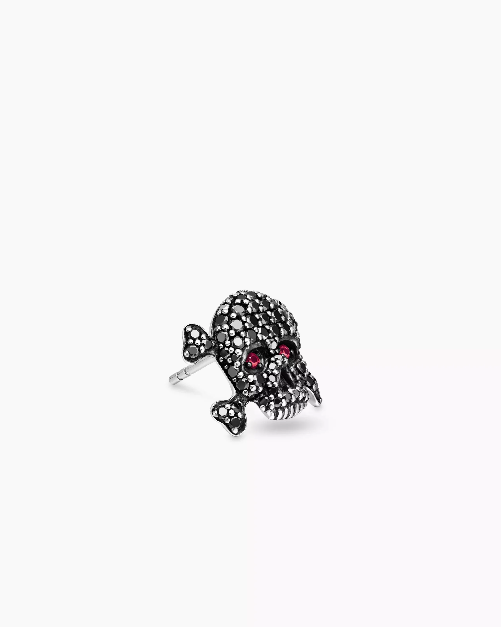 Pavé Skull Stud Earring Sterling Silver with Black Diamonds and Rubies, 13.5mm