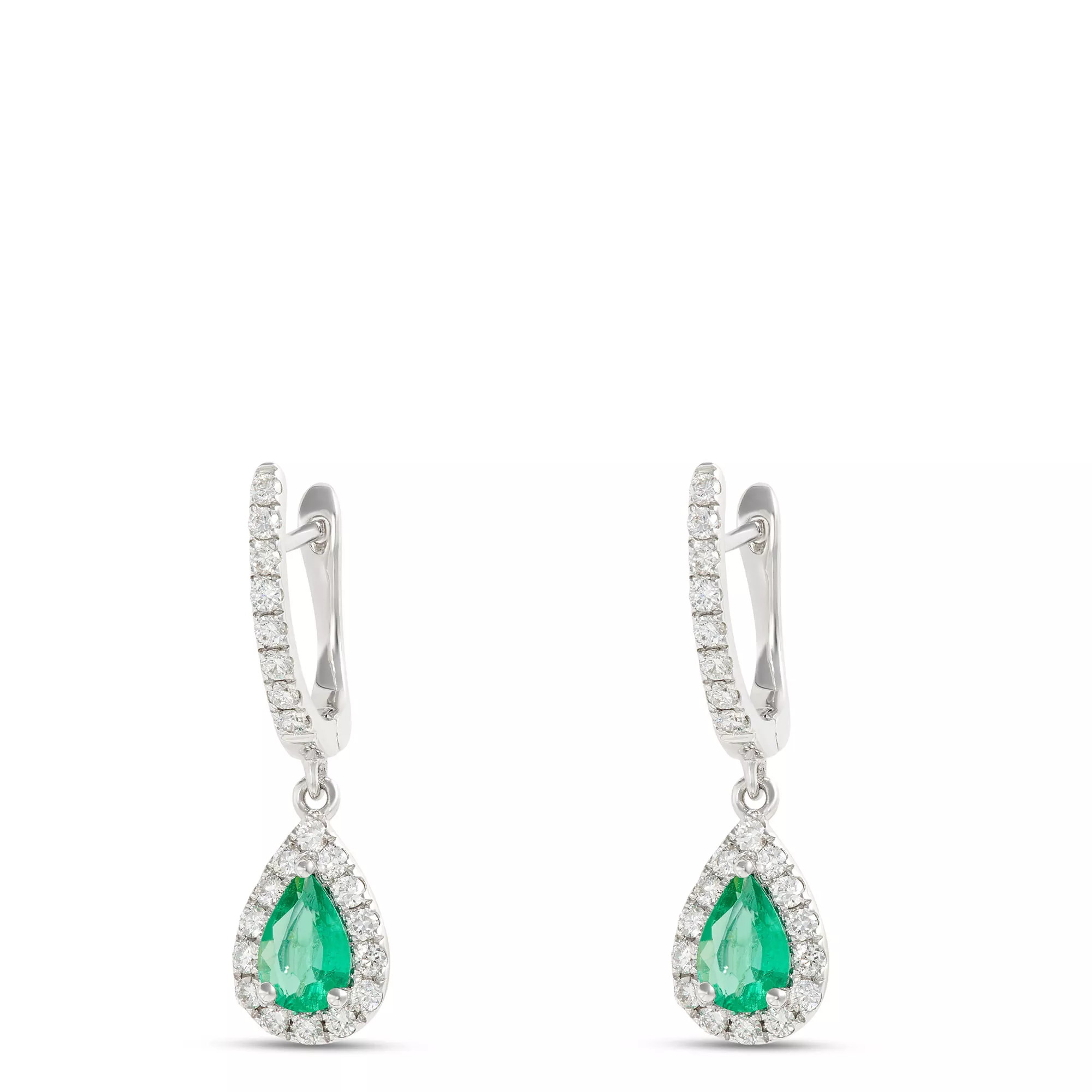 Pear-Shaped Emerald and Diamond Earrings, ⅓ Total Carat Weight, 14K White Gold