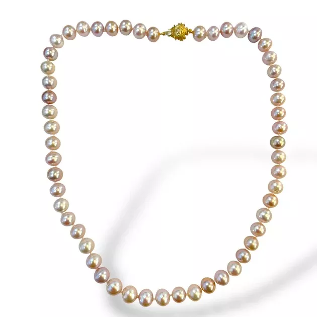 Pink Pearl Single Strand Necklace with 14k Yellow Gold Clasp