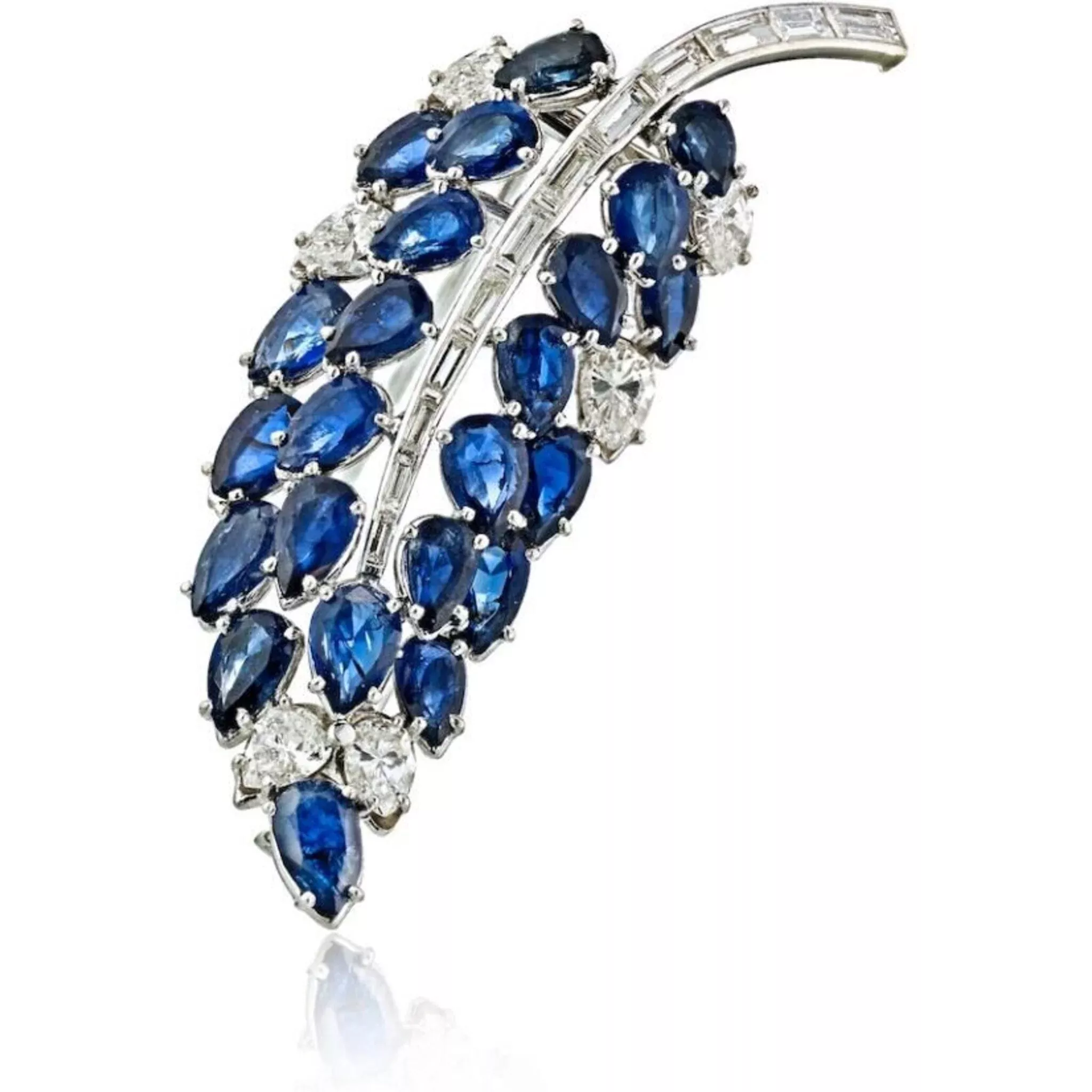 Platinum Sapphire And Diamond Leaf Brooch