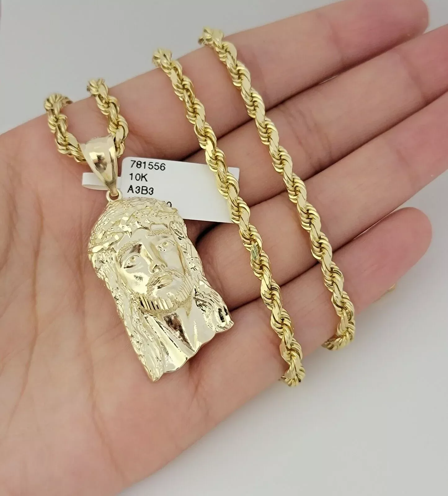 Real 10k Gold Chain Pendant SET Jesus Face Charm Solid Rope Necklace 4mm 20"-28"